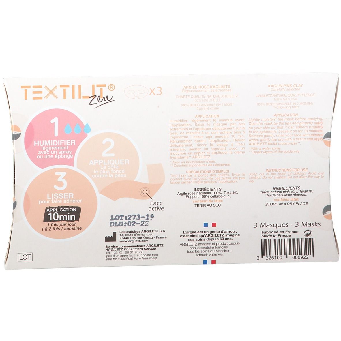 Verpakking Textilit Zen oogmasker. Roze klei. 3 maskers. Gebruiksaanwijzing en ingrediënten.