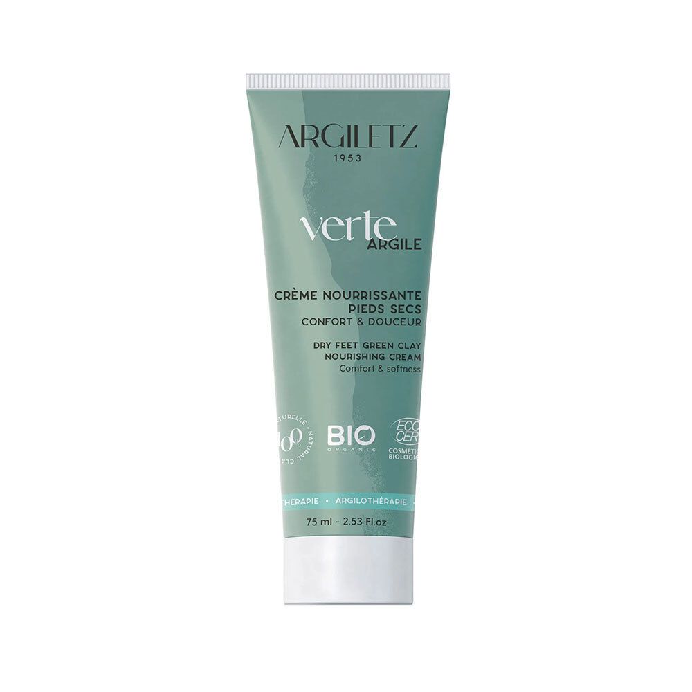 Tube vert avec bouchon blanc. Inscription: Argiletz, Crème Nourrissante, Pieds Secs, Argile Verte. Label Bio.