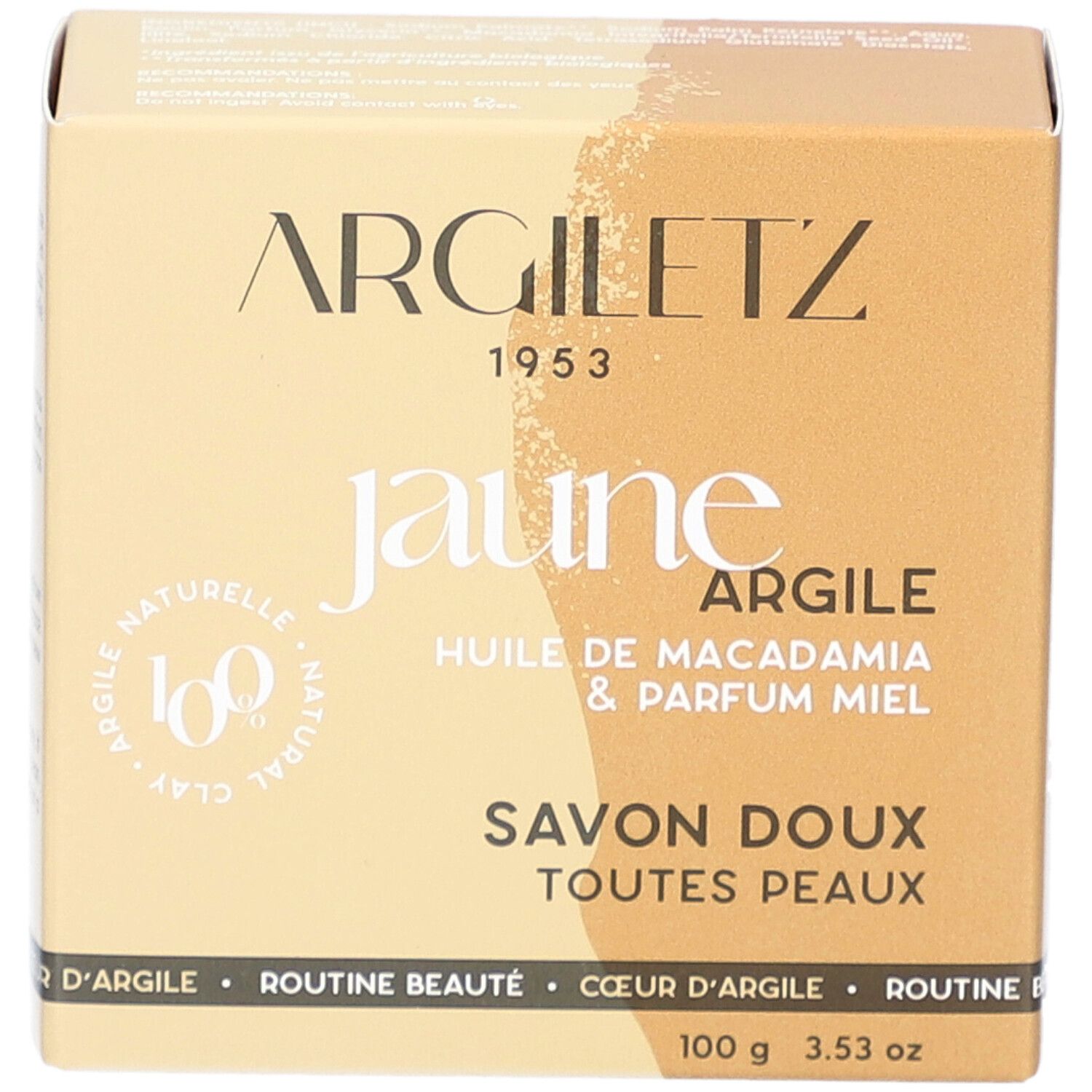 Boîte en carton avec informations produit. Inscription: Argiletz, jaune argile, huile de macadamia & parfum miel, Savon doux, toutes peaux.