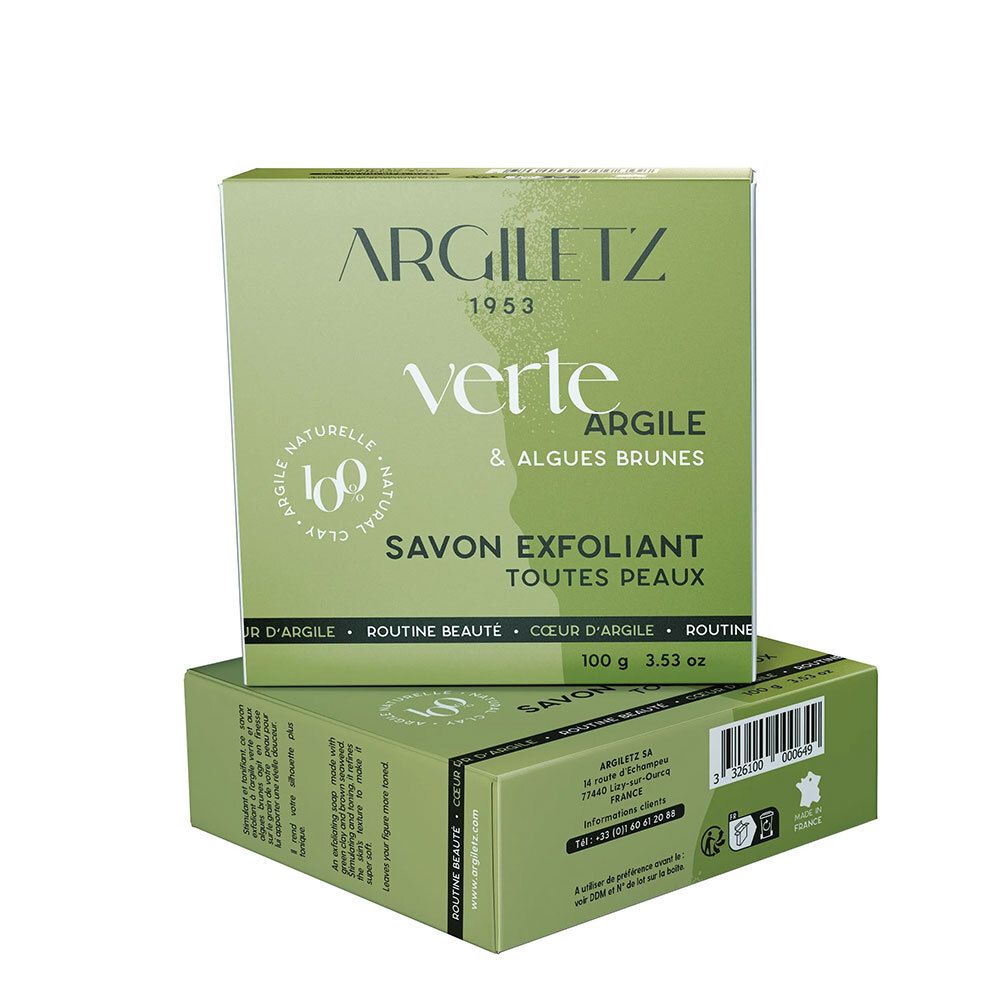 Groene Argiletz doos. Tekst: Verte Argile & Algues brunes, Savon Exfoliant, Toutes Peaux. 100% natuurlijke klei. 100 g.