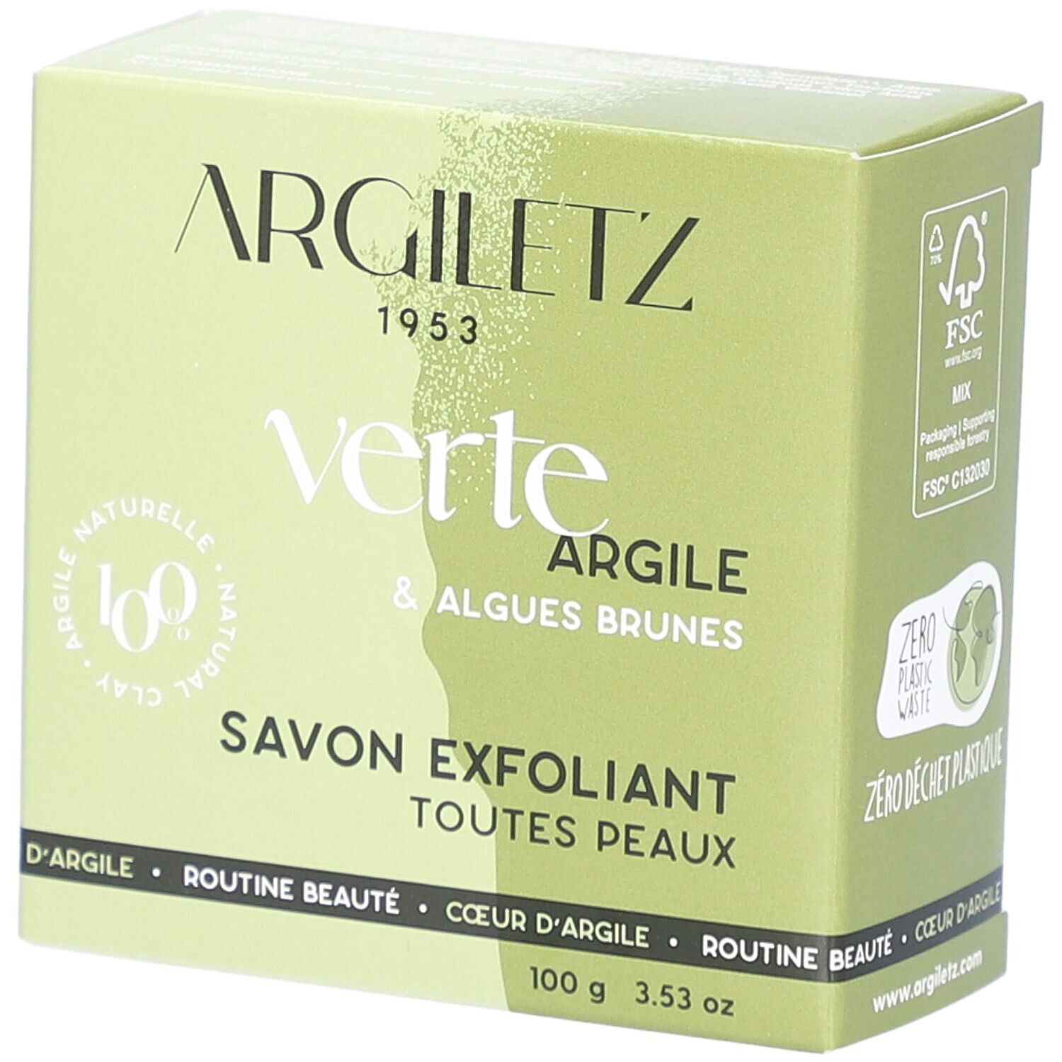 Groene Argiletz-verpakking. Tekst: Verte Argile & Algues Brunes, Savon Exfoliant. FSC-label en Zero Plastic Waste. 100 g.