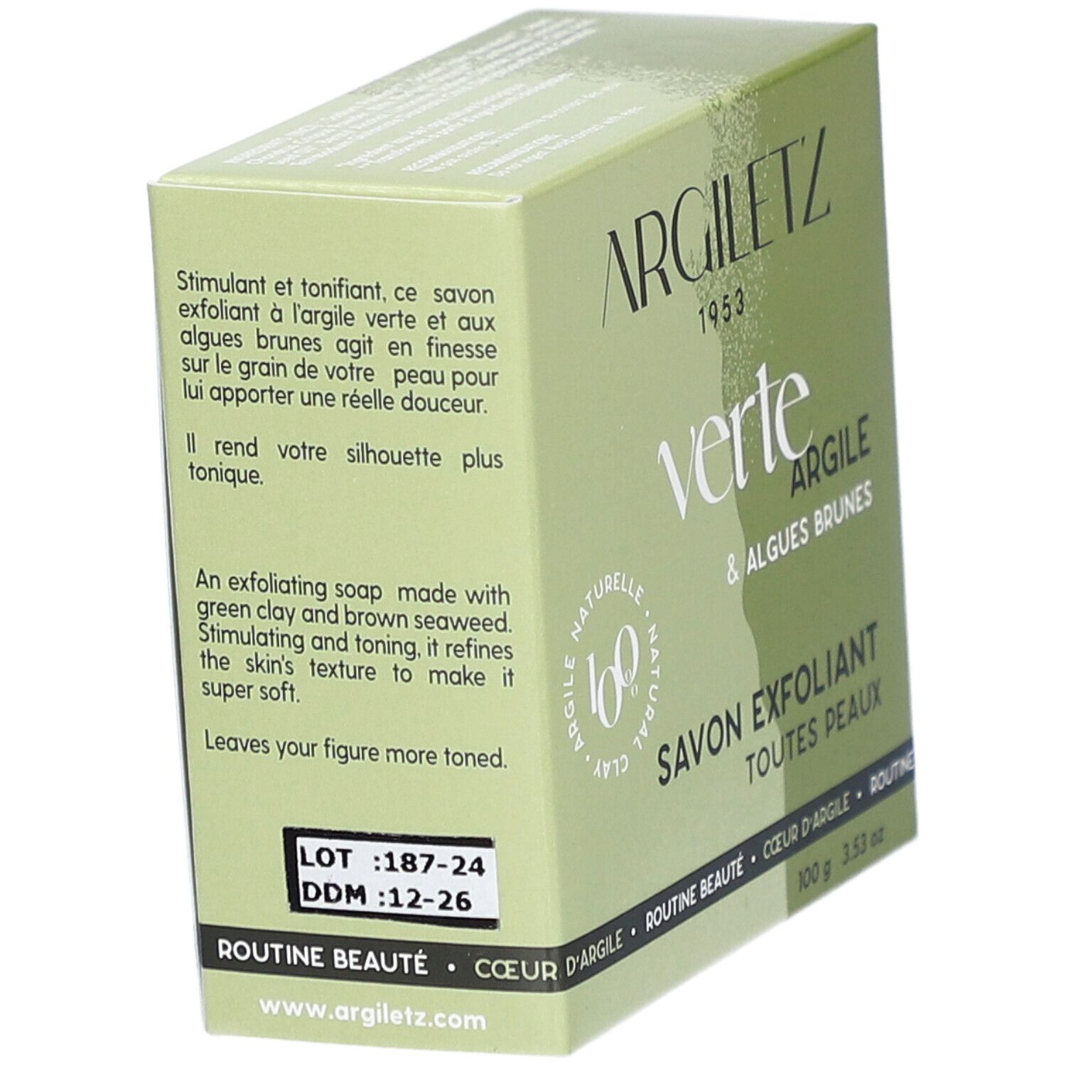 Groene Argiletz-verpakking. Tekst: Verte Argile & Algues Brunes, Savon Exfoliant. Engelse tekst. Lotnummer en vervaldatum.