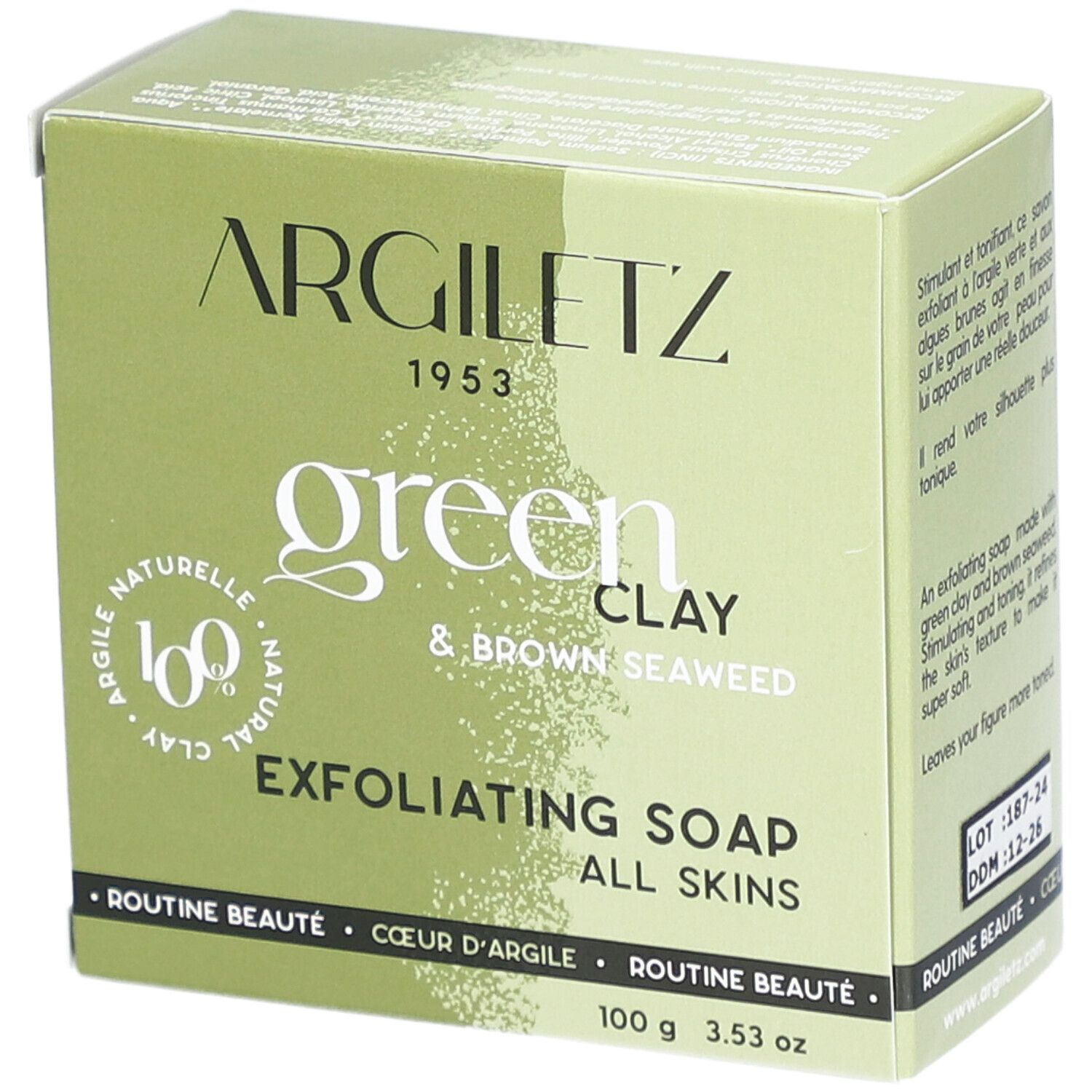 Groene Argiletz-verpakking. Tekst: Green Clay & Brown Seaweed, Exfoliating Soap, All Skins. 100 g. FSC-label.