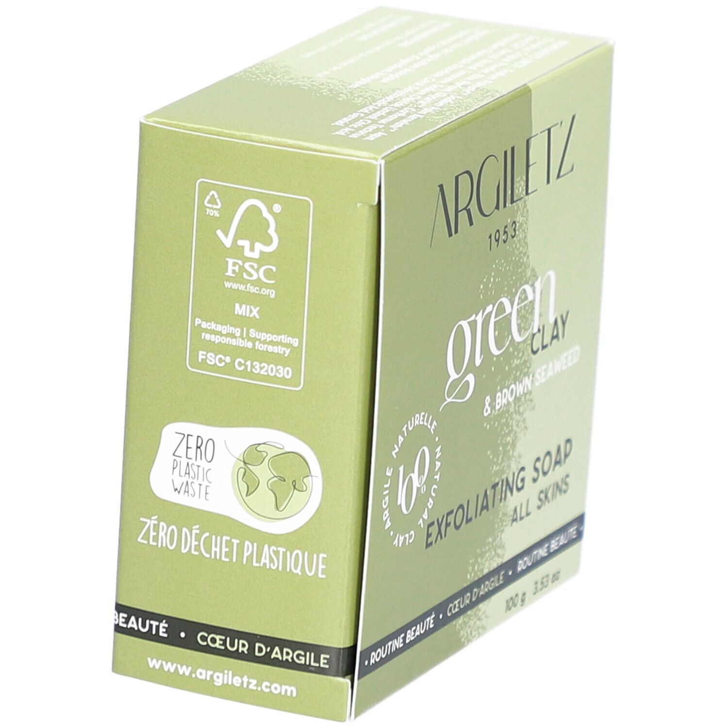 Groene Argiletz-verpakking. Tekst: Green Clay & Brown Seaweed, Exfoliating Soap, All Skins. FSC-label en Zero Plastic Waste.