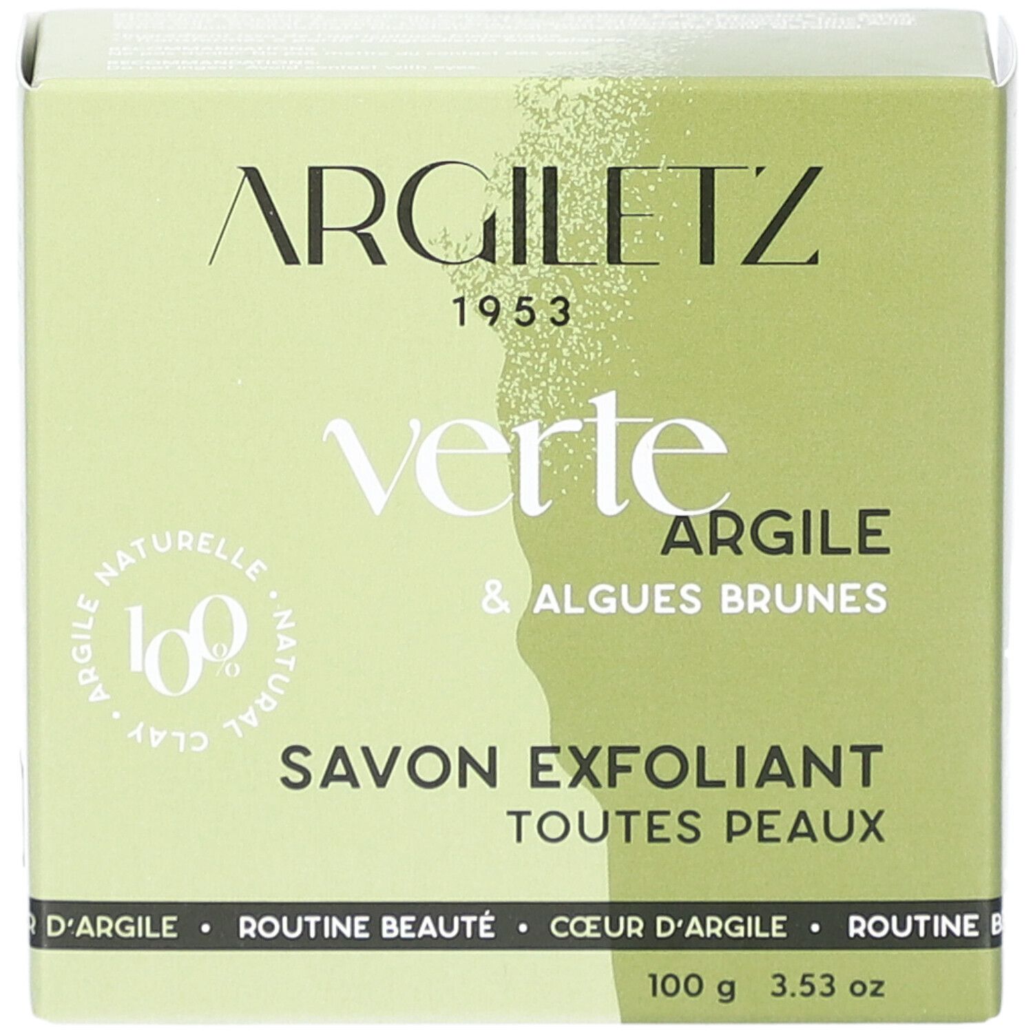 Groene Argiletz-verpakking. Tekst: Verte Argile & Algues Brunes, Savon Exfoliant, Toutes Peaux. 100 g.