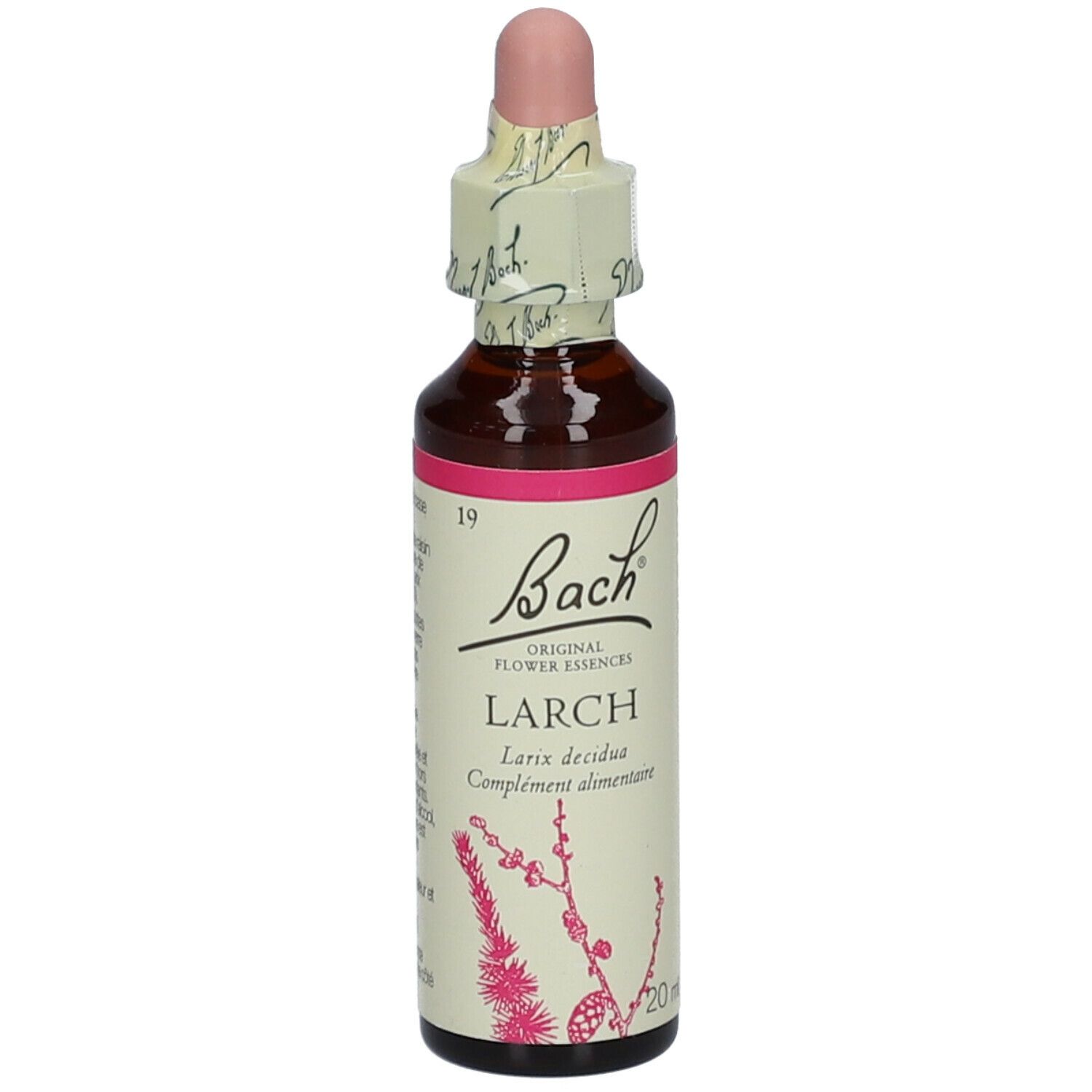 Flacon en verre brun avec étiquette rose. Bouchon compte-gouttes. Texte : Bach Original Flower Essences, Larch, Larix decidua.