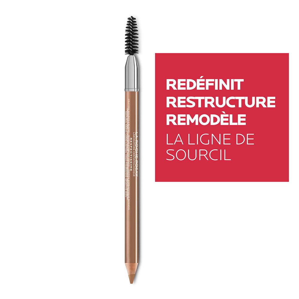 Crayon à sourcils brun clair avec brosse. Fond rouge avec texte: Redéfinit, Restructure, Remodèle, la ligne de sourcil.