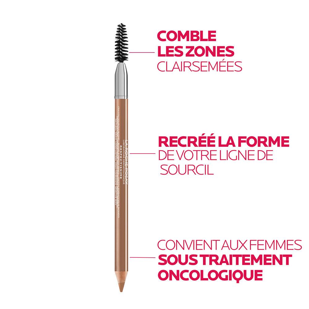 Crayon à sourcils brun clair avec brosse. Texte: Comble les zones clairsemées, recrée la forme de votre ligne de sourcil.