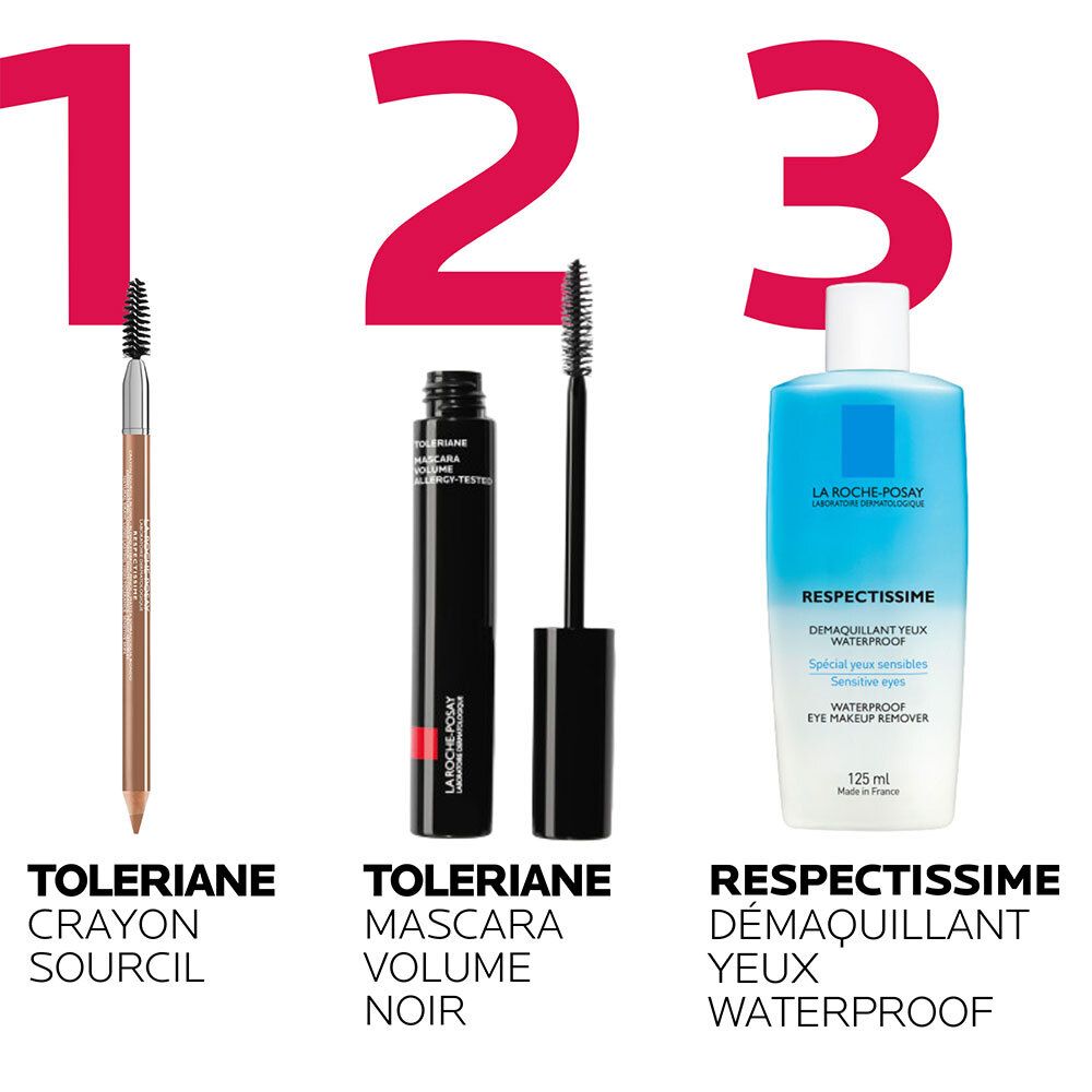 Trois produits: crayon à sourcils, mascara, démaquillant yeux. Tous les produits sont de La Roche-Posay Toleriane.