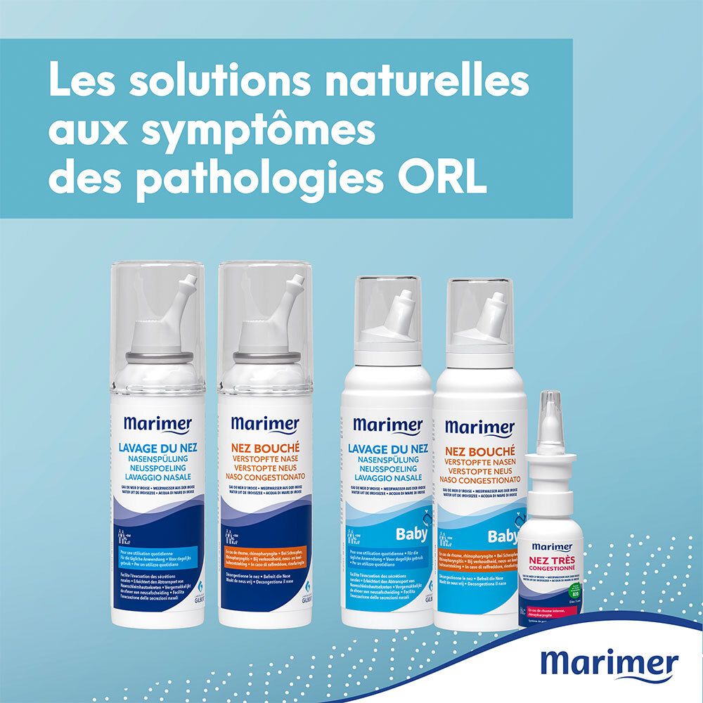 Verschillende Marimer producten. Flessen: Lavage du nez, Nez Bouché, Nasenspülung. Baby versies.