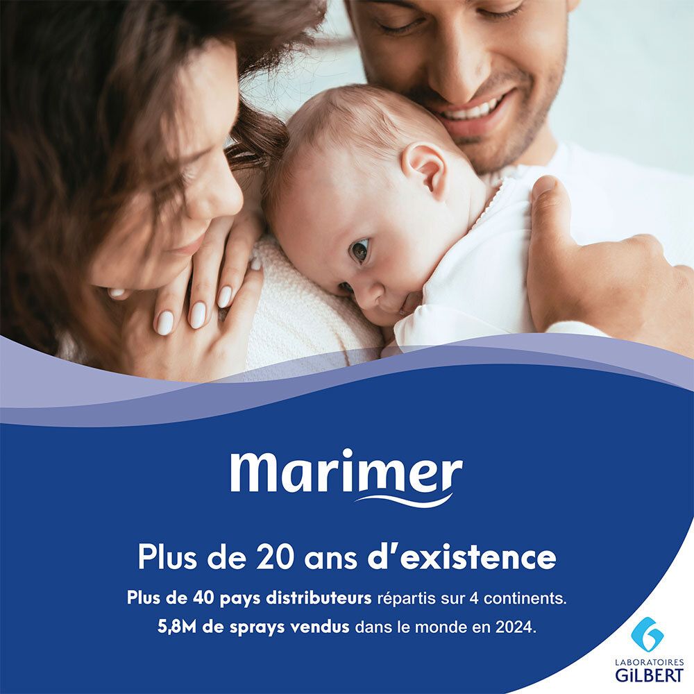 Familie met baby. Marimer logo. Tekst: Plus de 20 ans d'existence. 5,8M sprays verkocht in 2024.