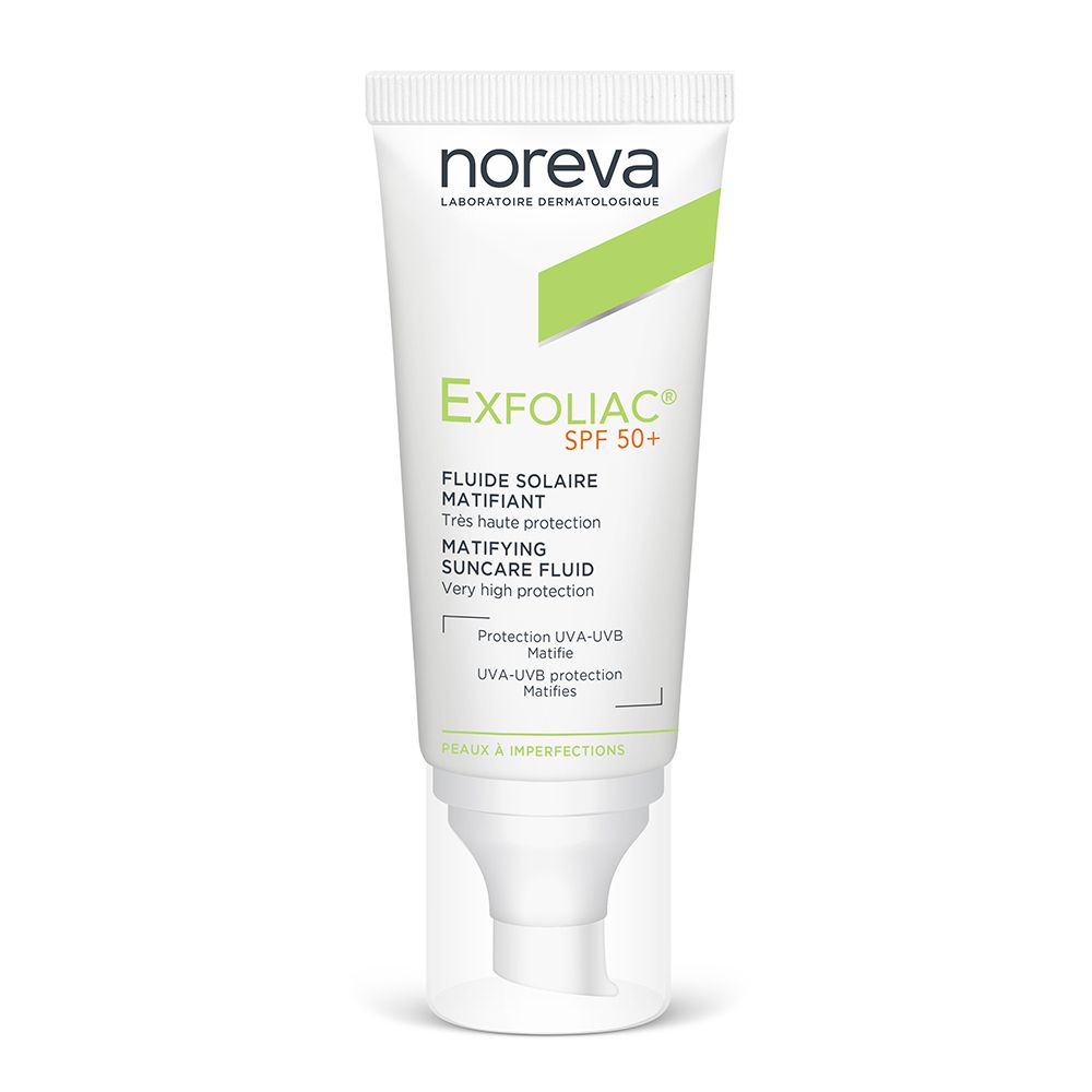 Tube blanc de fluide solaire. Marque Noreva, Exfoliac SPF 50+. Accents verts et indications du produit.