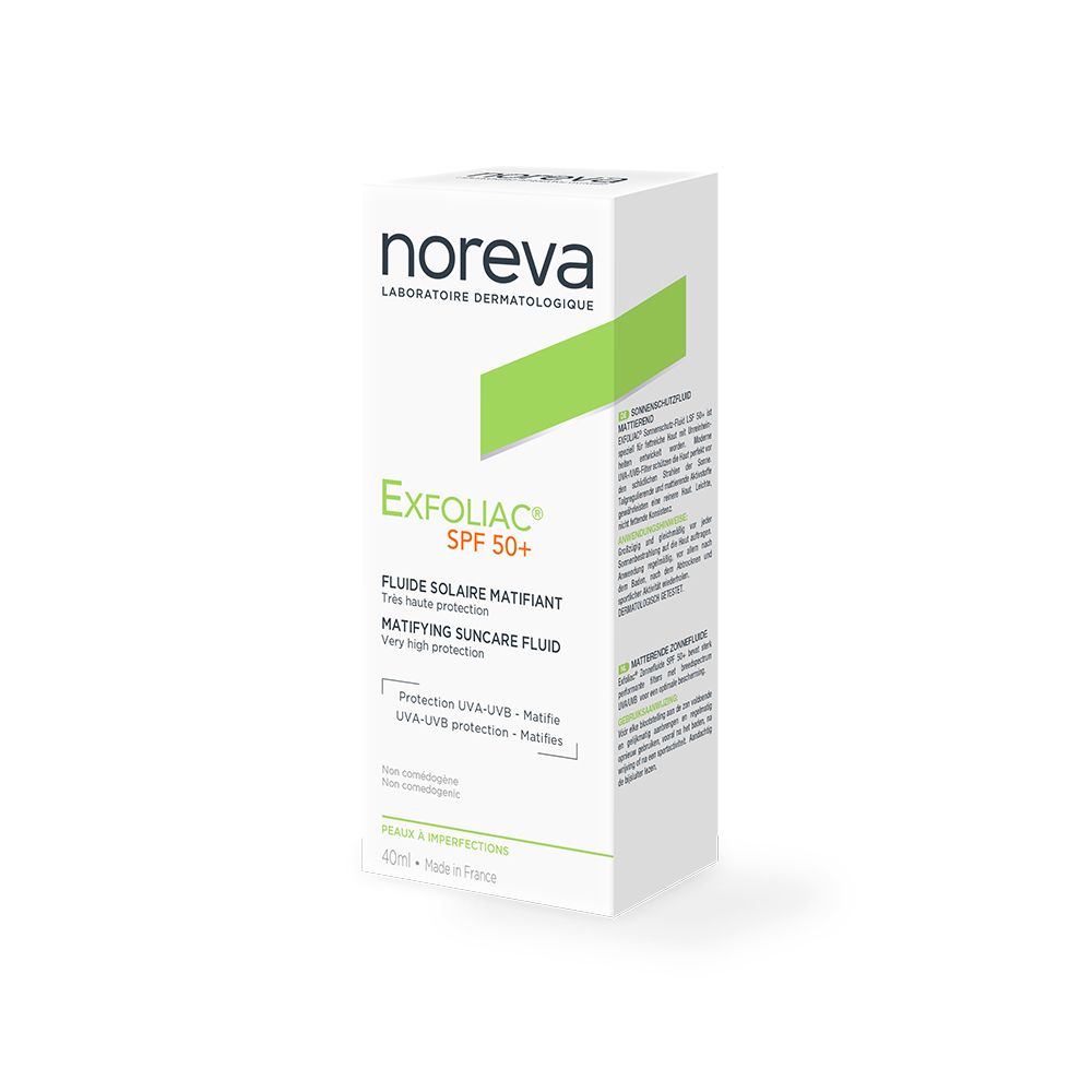 Emballage carton pour fluide solaire. Marque Noreva, Exfoliac SPF 50+. Blanc avec accents verts et texte.