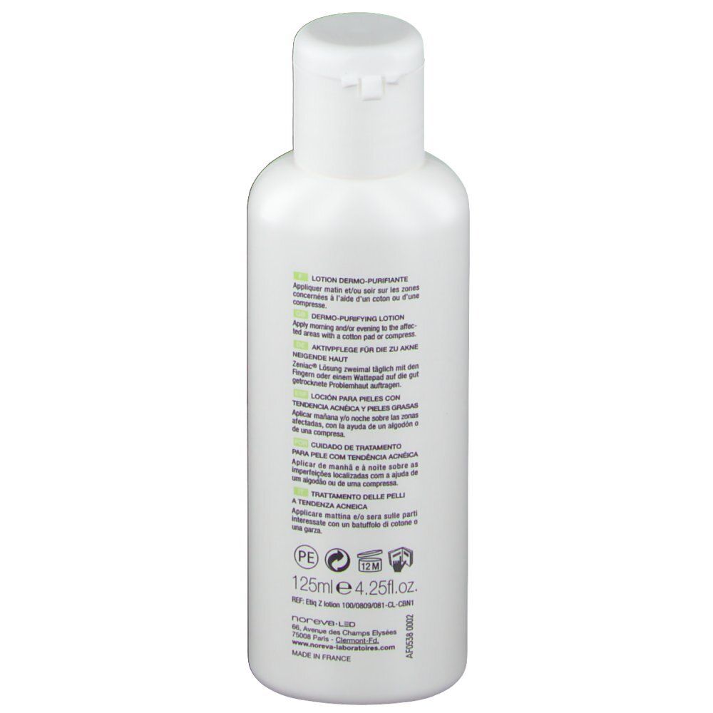 Witte fles met klapdeksel. Opschrift: Lotion Dermo-Purifiante, 125ml.