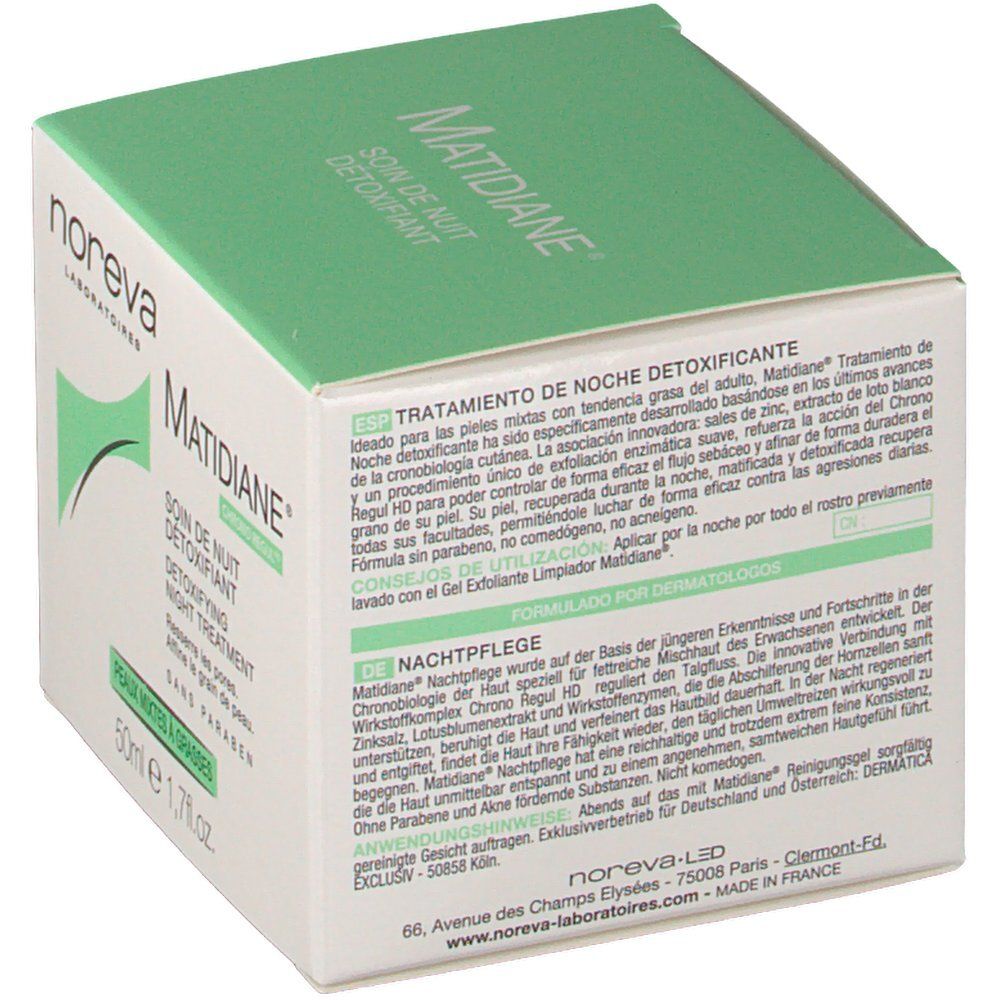 Boîte avec informations produit. Inscription : Matidiane, Soin de Nuit Détoxifiant. Marque : Noreva Laboratoires.