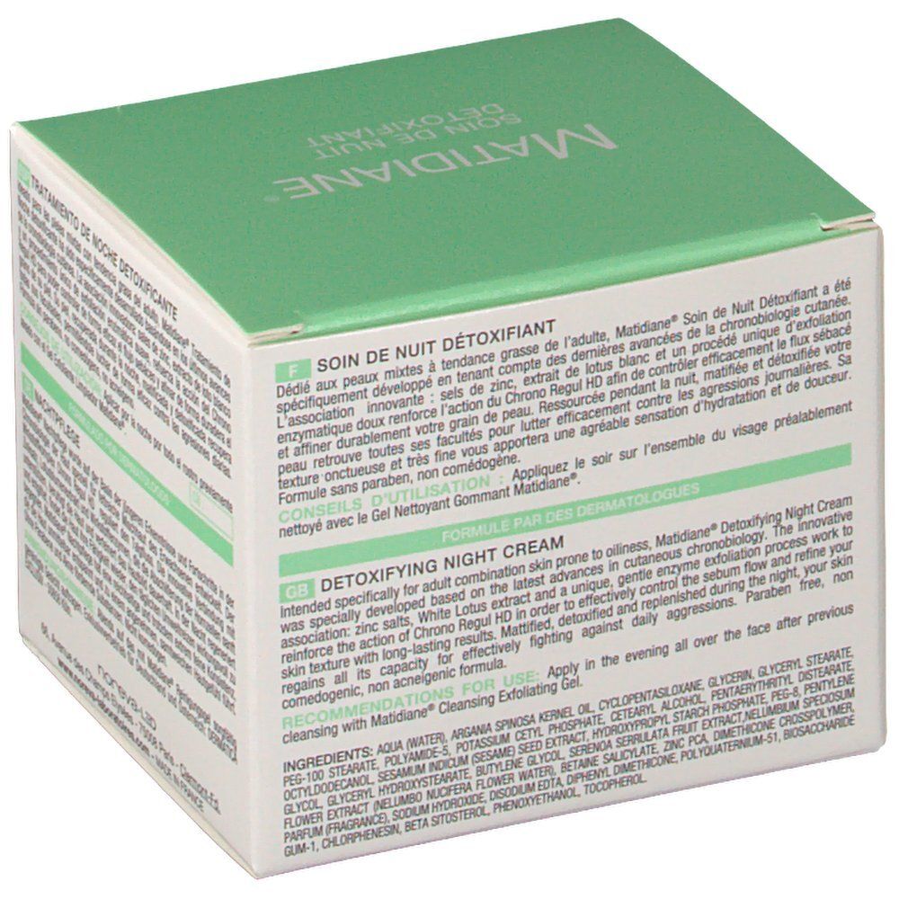 Boîte avec informations produit. Inscription : Matidiane, Soin de Nuit Détoxifiant. Marque : Noreva Laboratoires.