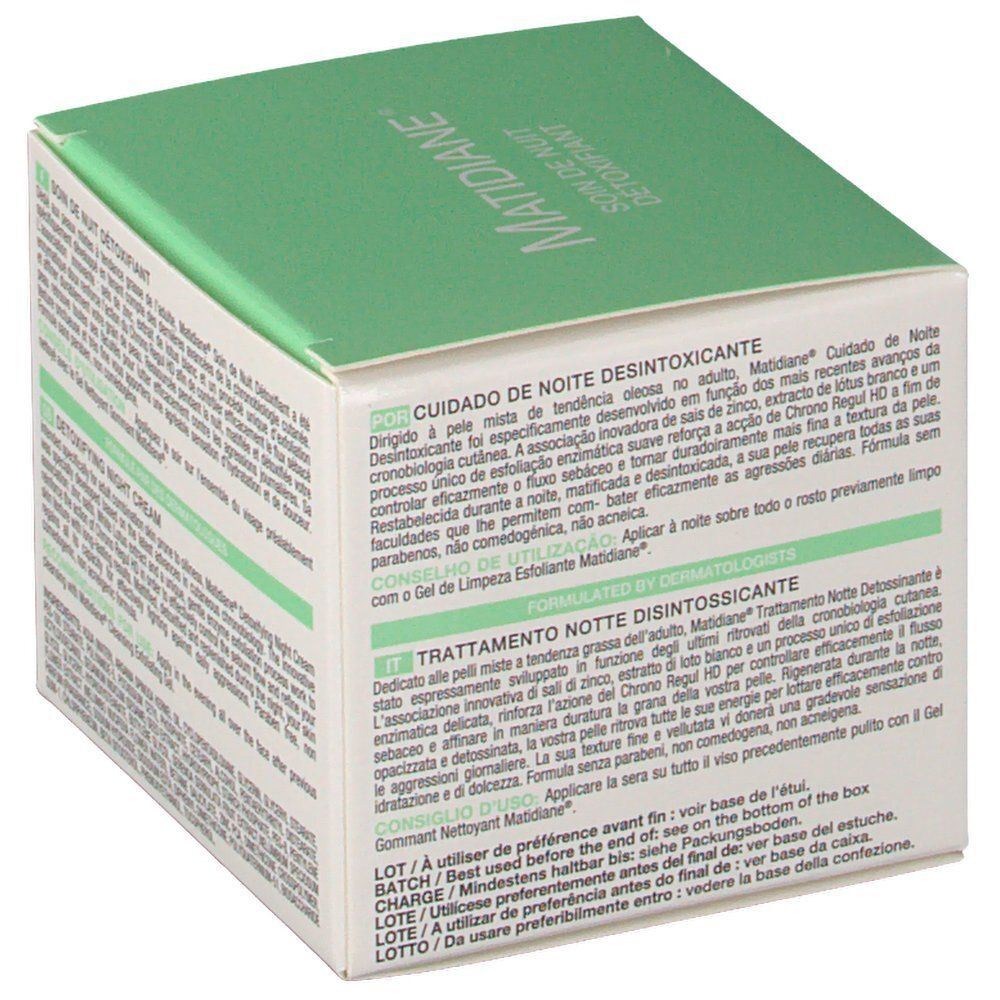 Boîte avec informations produit. Inscription : Matidiane, Soin de Nuit Détoxifiant. Marque : Noreva Laboratoires.