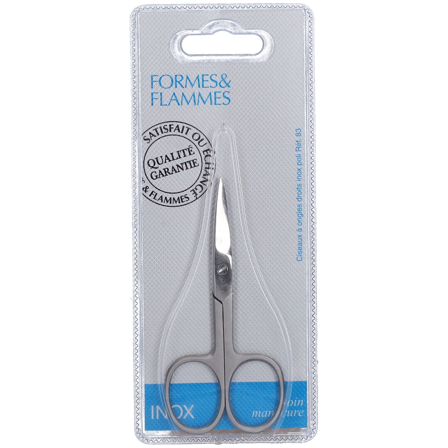 Ciseaux à ongles droits en acier inoxydable, emballage blister. Marque Formen & Flammes, garantie qualité.