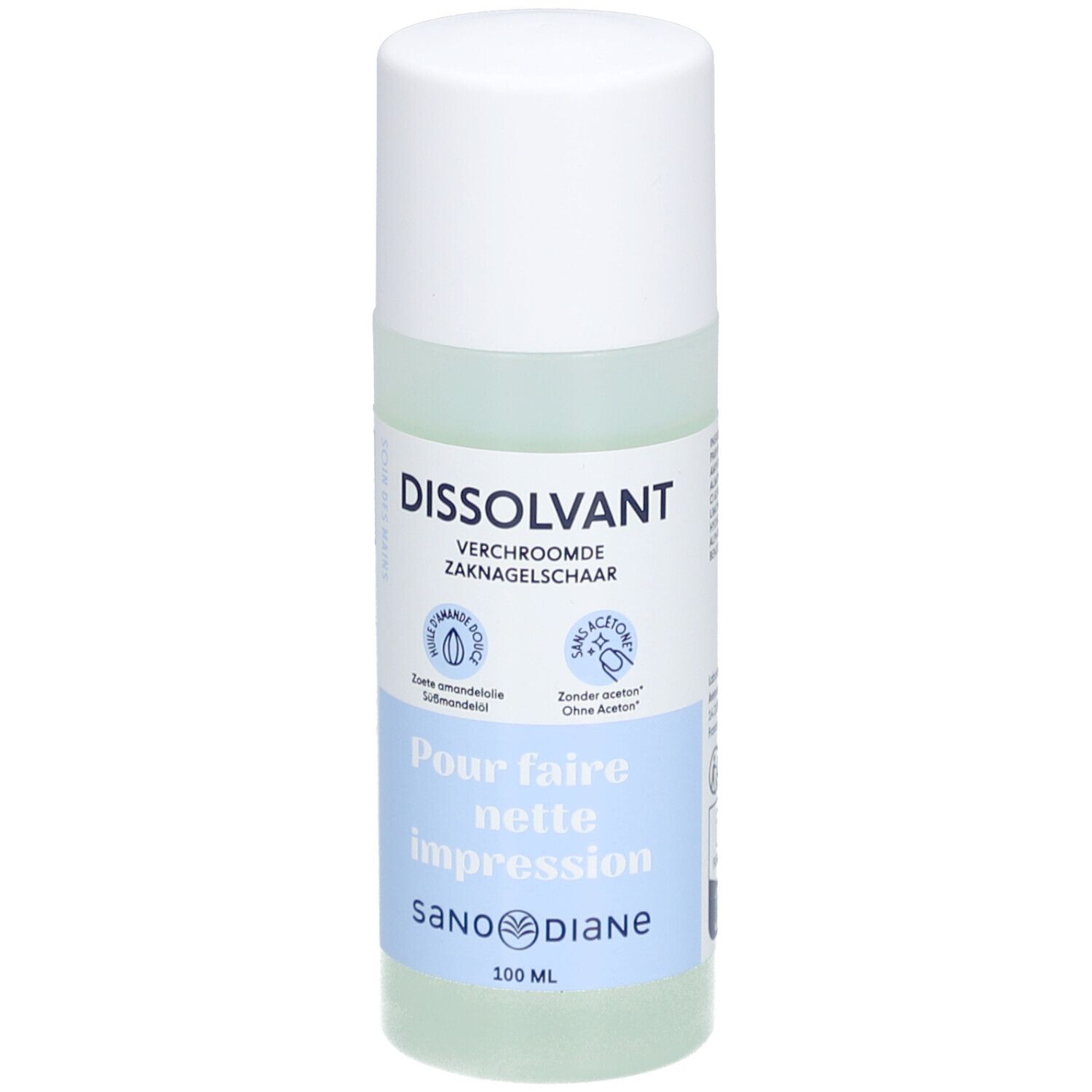 Dissolvant pour vernis à ongles en flacon cylindrique blanc. Inscriptions: DISSOLVANT, SANODIANE, 100 ml.