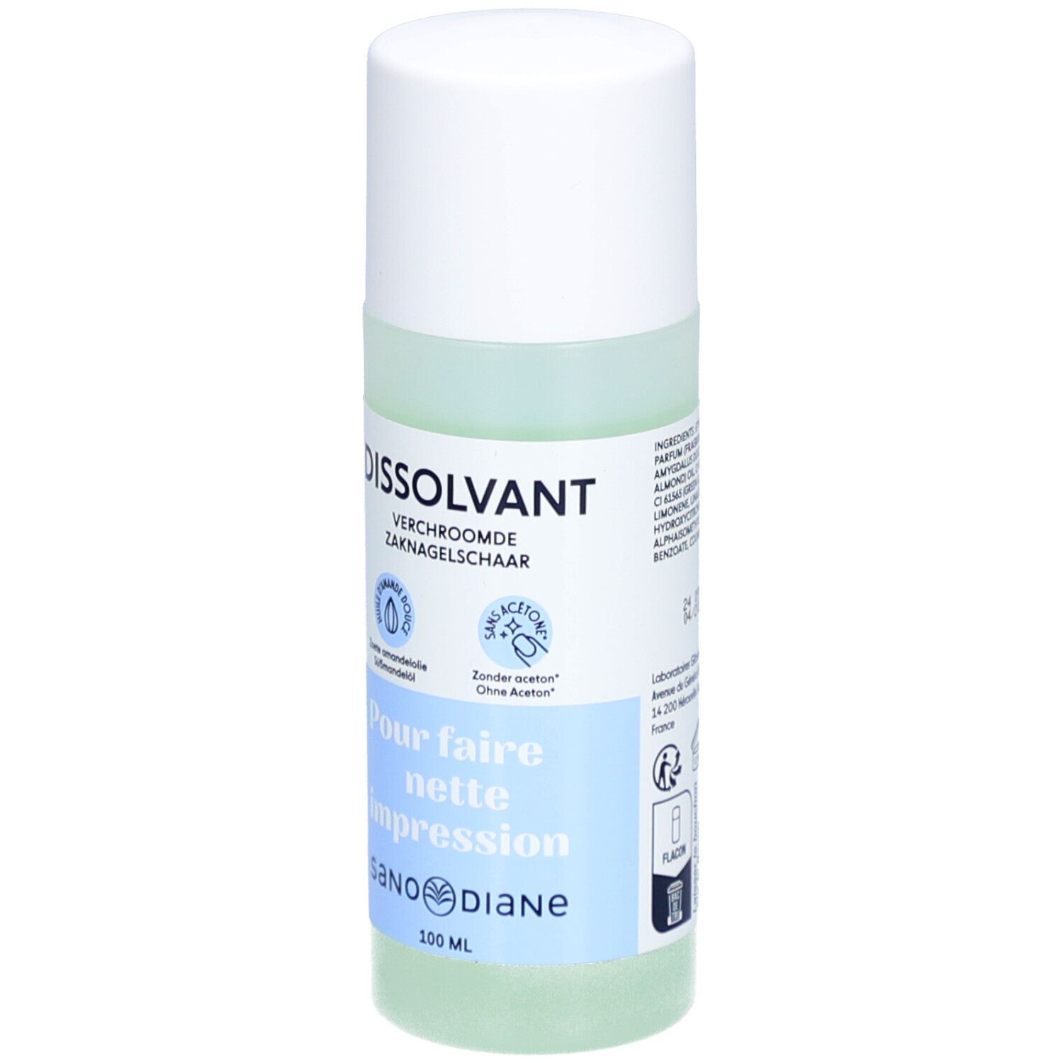 Flacon de dissolvant avec bouchon blanc. Inscriptions: DISSOLVANT, SANODIANE, sans acétone. 100 ml.