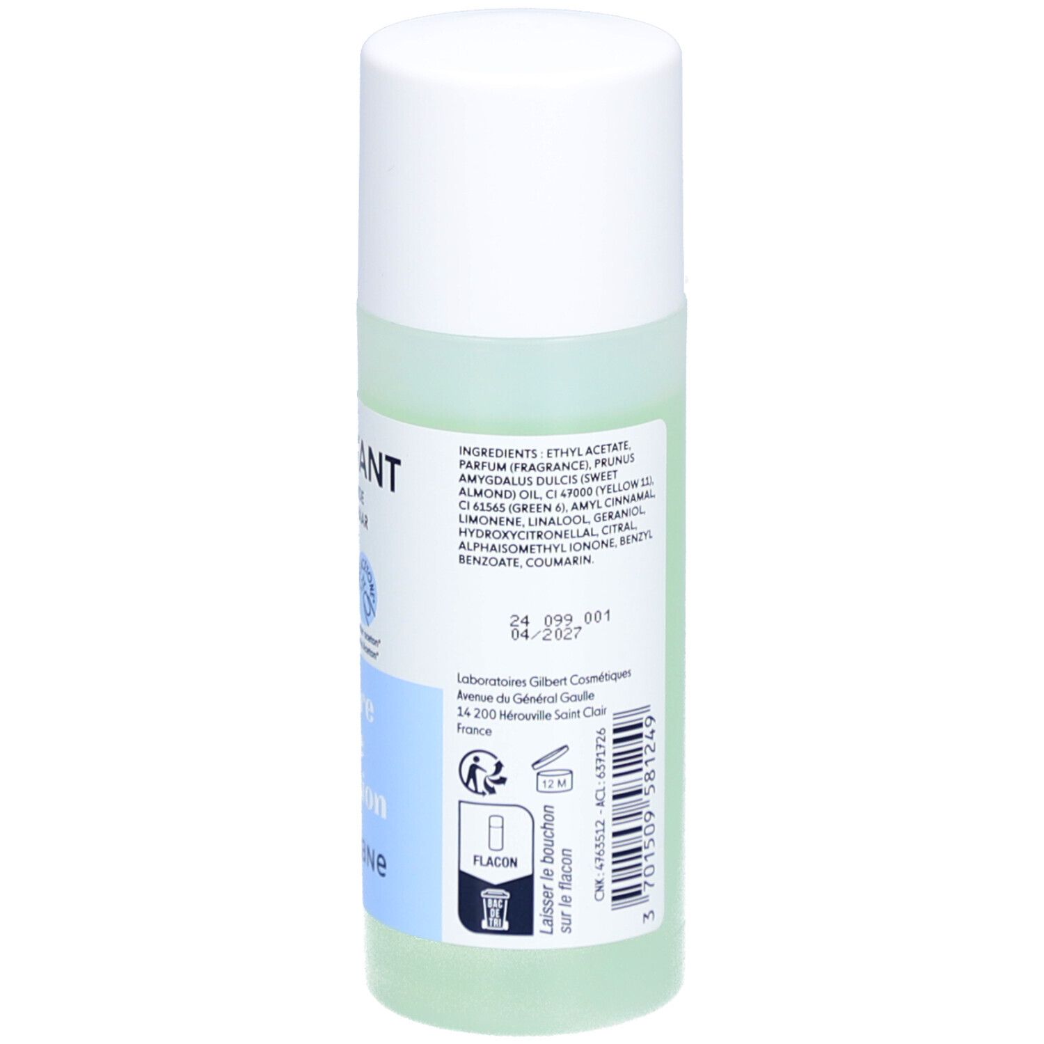 Flacon de dissolvant avec bouchon blanc. Inscriptions: DISSOLVANT, SANODIANE. Ingrédients et numéro de lot.