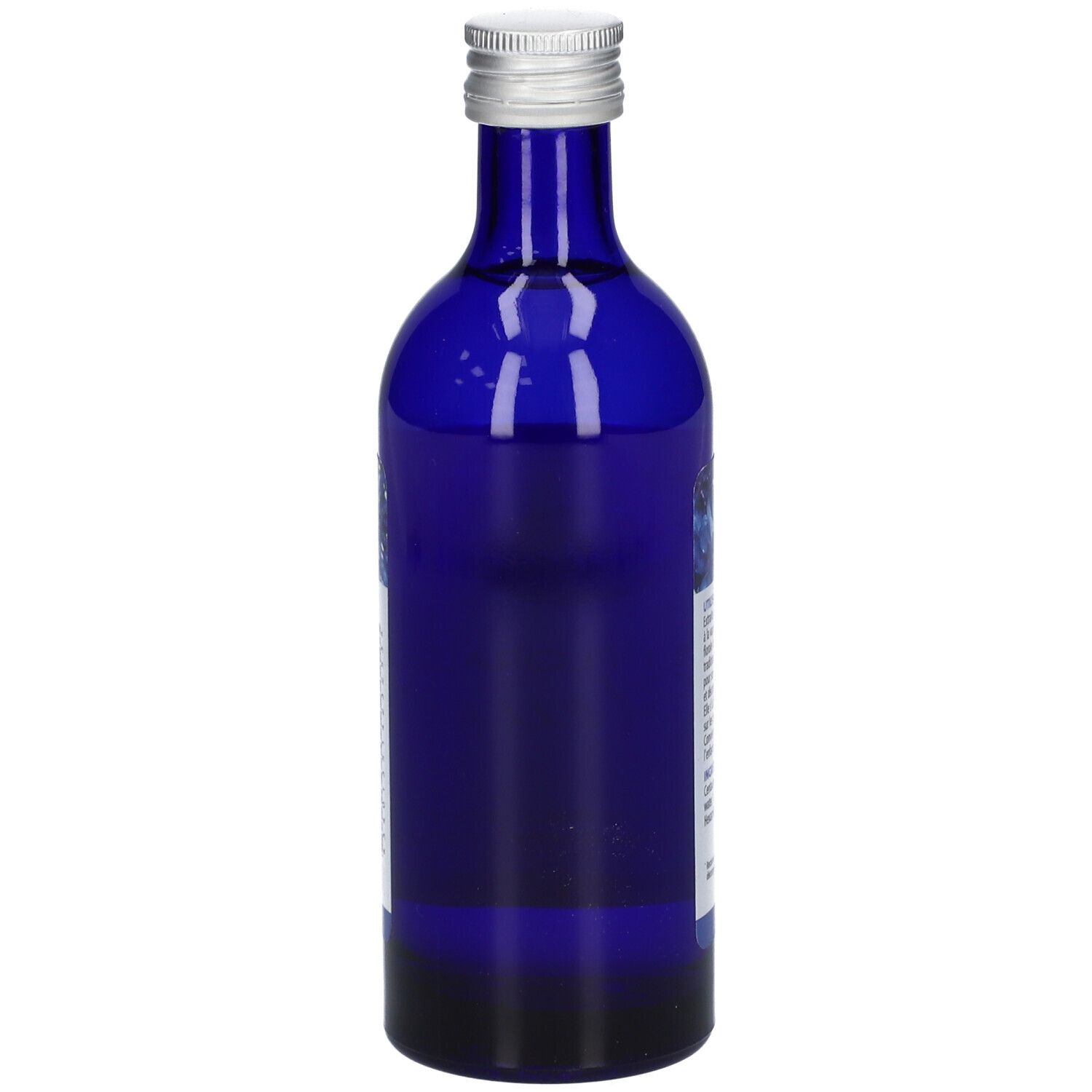 Flacon bleu en verre, bouchon argenté. Étiquette avec texte. Contenance 200 ml. Produit debout.