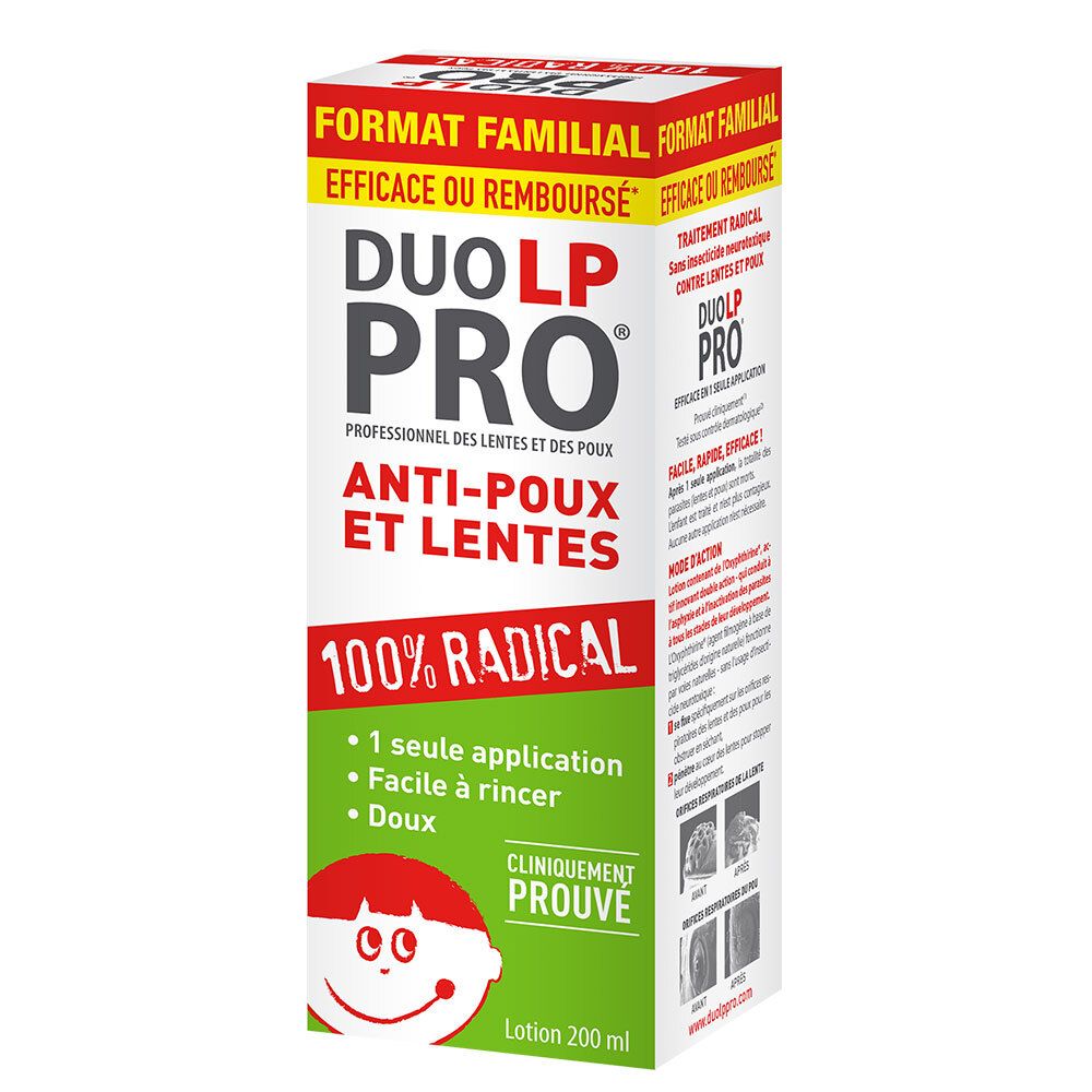 Boîte de produit avec nom et texte "Anti-Poux et Lentes". Contient du texte et un logo.