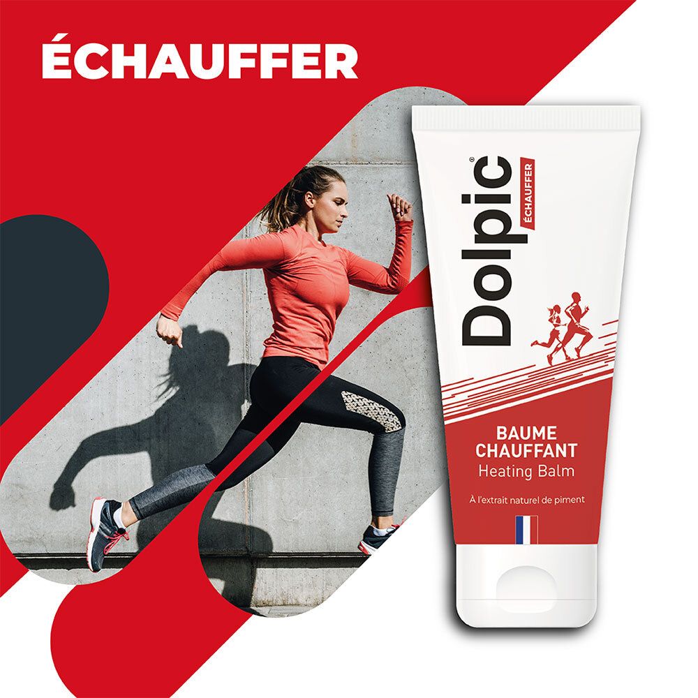 Producttube naast een rennende vrouw. Rode achtergrond met tekst "Échauffer". Product: Dolpic Baume Chauffant.