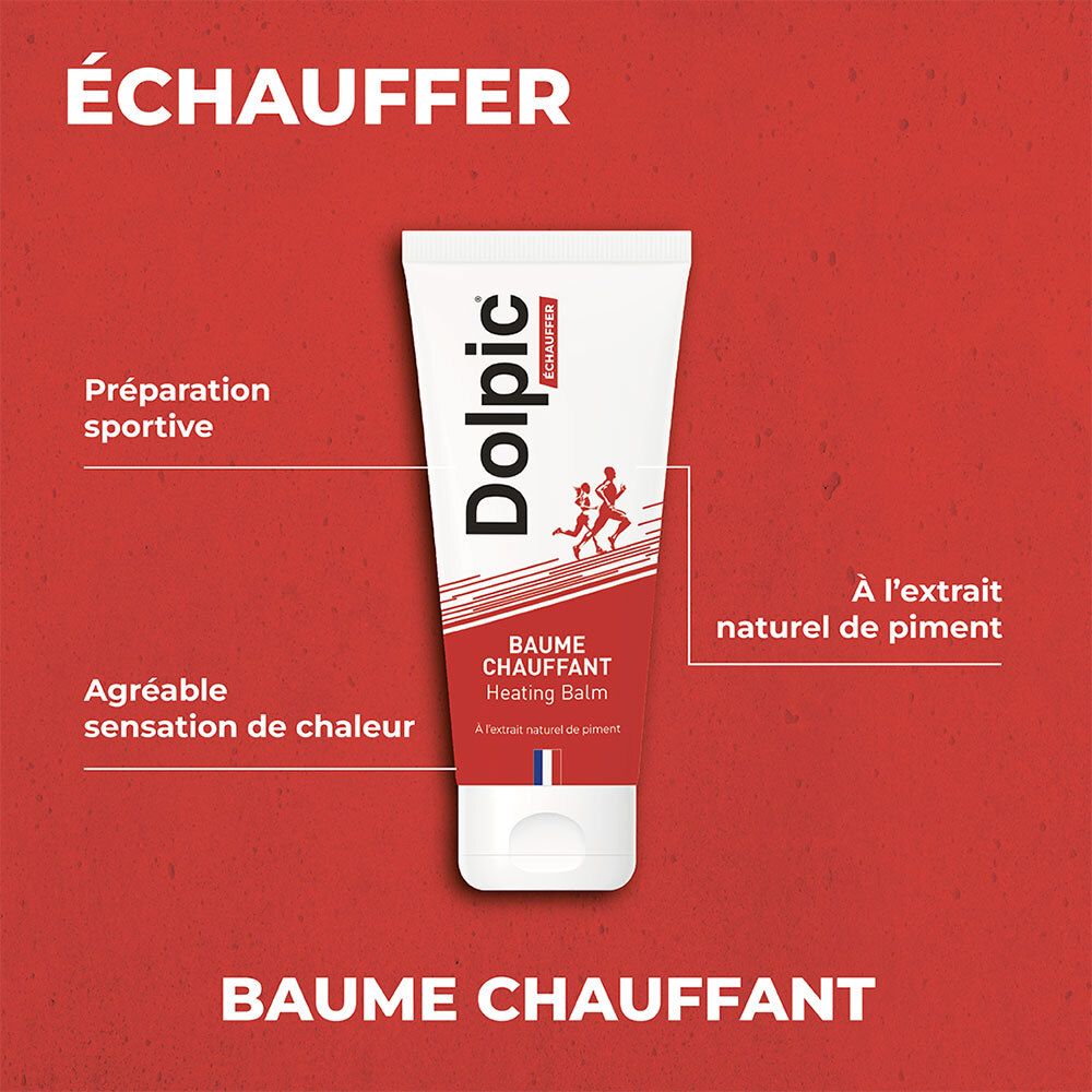 Producttube op rode achtergrond. Tekst: "Échauffer", "Baume Chauffant". Extra tekst: "Préparation sportive", "À l'extrait naturel de piment".