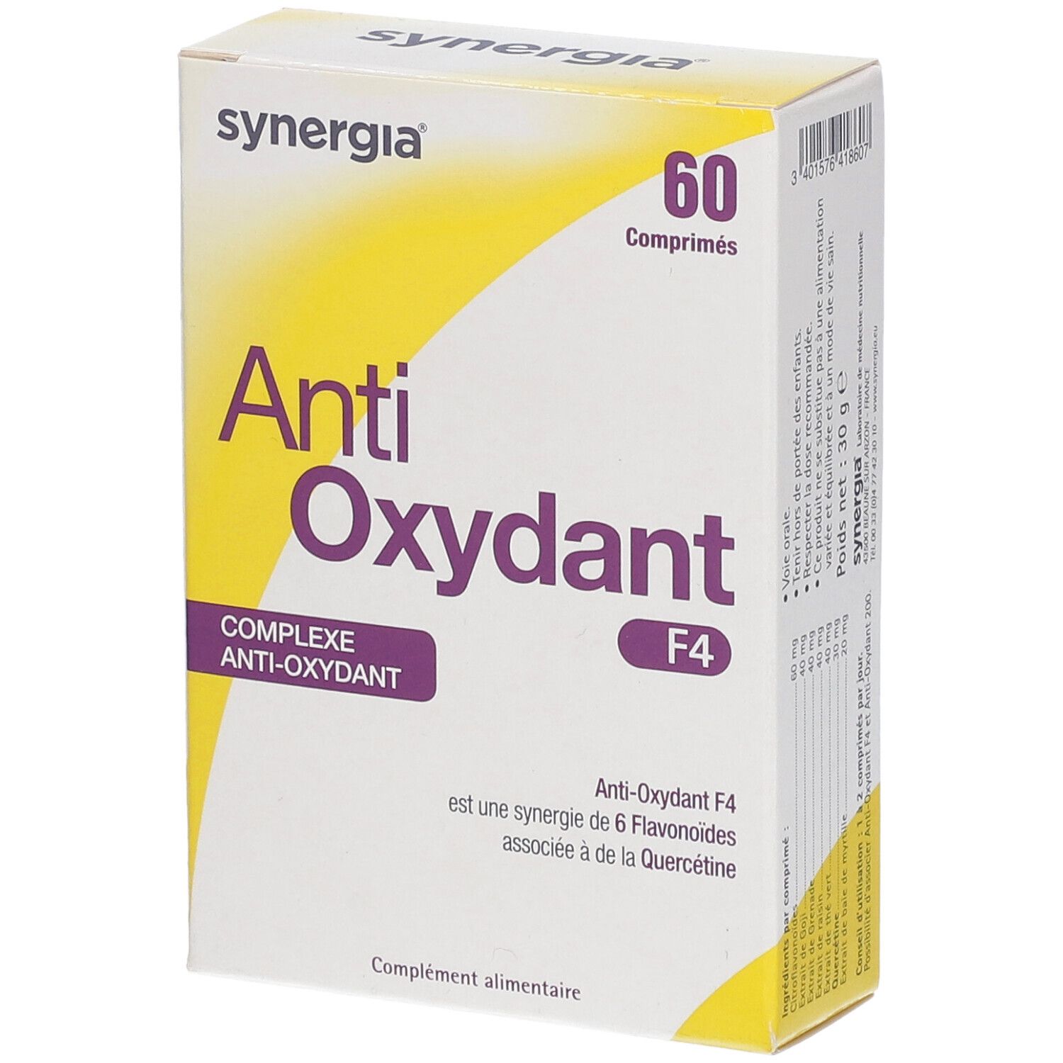 Doosje Anti-Oxydant F4 van synergia. Bevat 60 tabletten. Opschrift: Complexe Anti-Oxydant.
