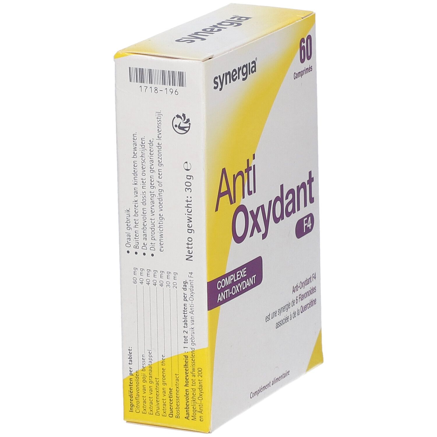 Doosje Anti-Oxydant F4 van synergia. Bevat 60 tabletten. Opschrift: Complexe Anti-Oxydant. Nettogewicht: 30g.