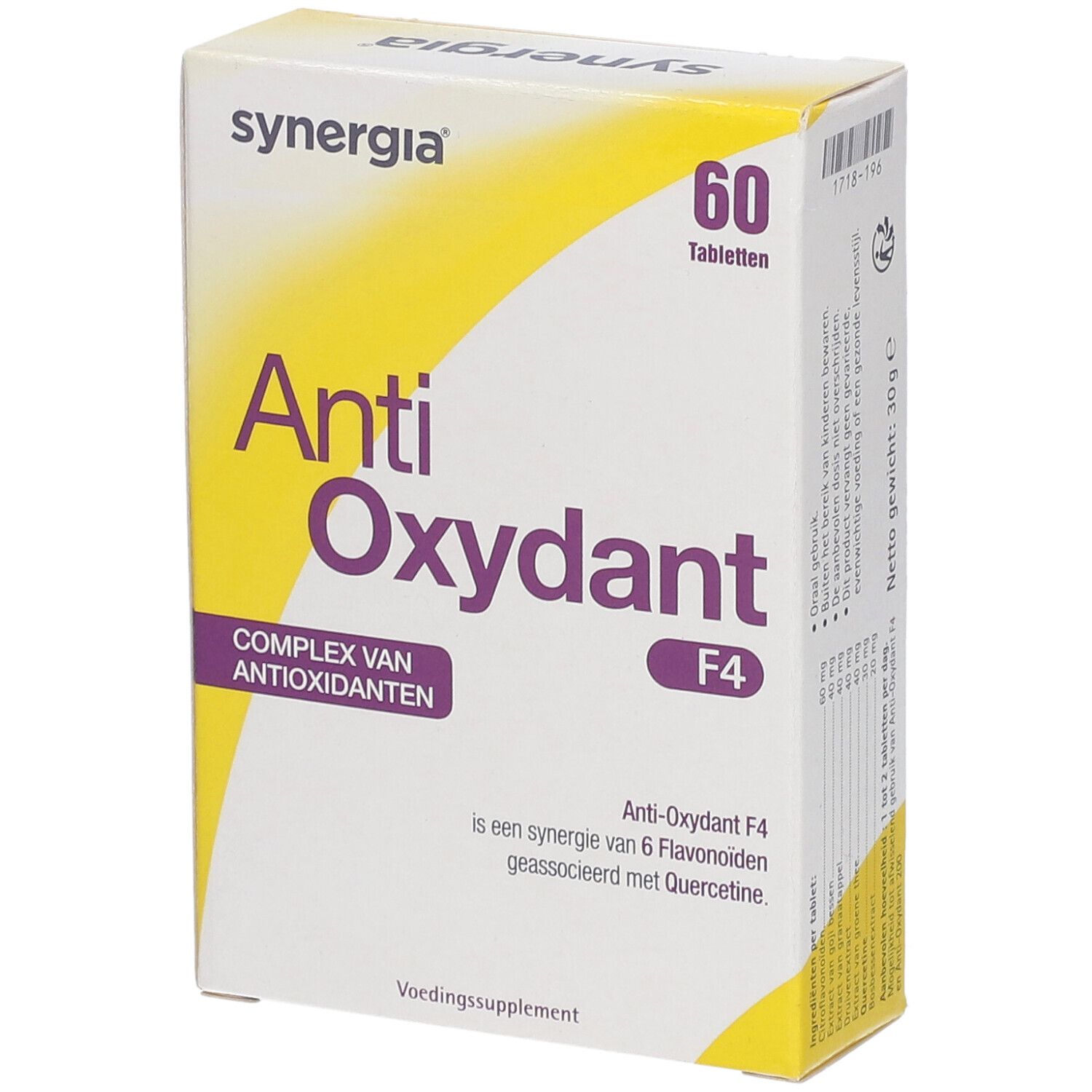 Doosje Anti-Oxydant F4 van synergia. Bevat 60 tabletten. Opschrift: Complexe van Antioxidanten. Nettogewicht: 30g.