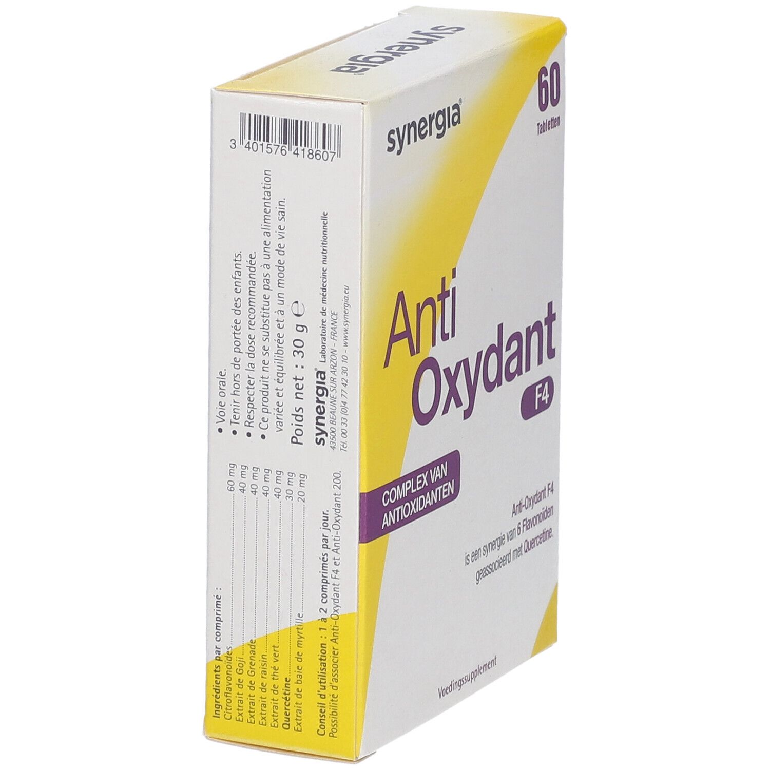 Doosje Anti-Oxydant F4 van synergia. Bevat 60 tabletten. Opschrift: Complexe van Antioxidanten. Nettogewicht: 30g.