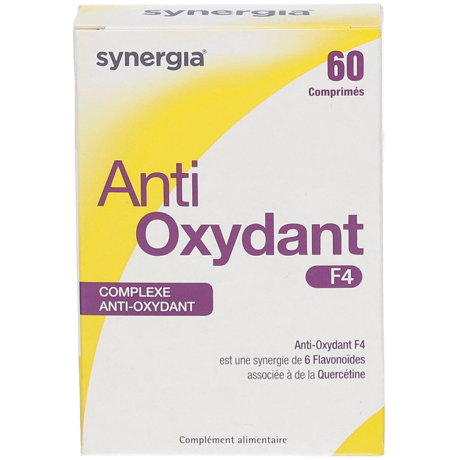 Doosje Anti-Oxydant F4 van synergia. Bevat 60 tabletten. Opschrift: Complexe Anti-Oxydant.