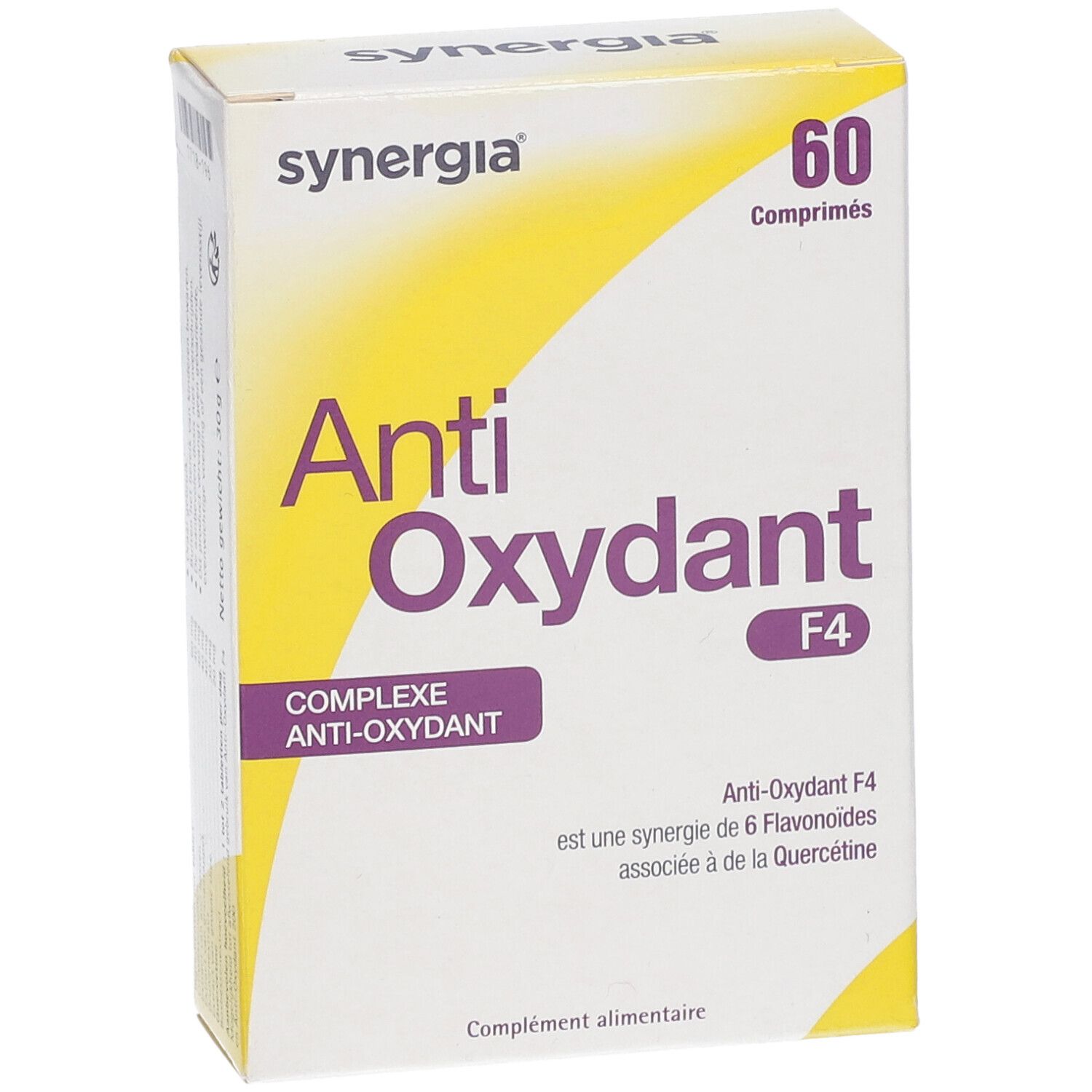 Doosje Anti-Oxydant F4 van synergia. Bevat 60 tabletten. Opschrift: Complexe Anti-Oxydant.