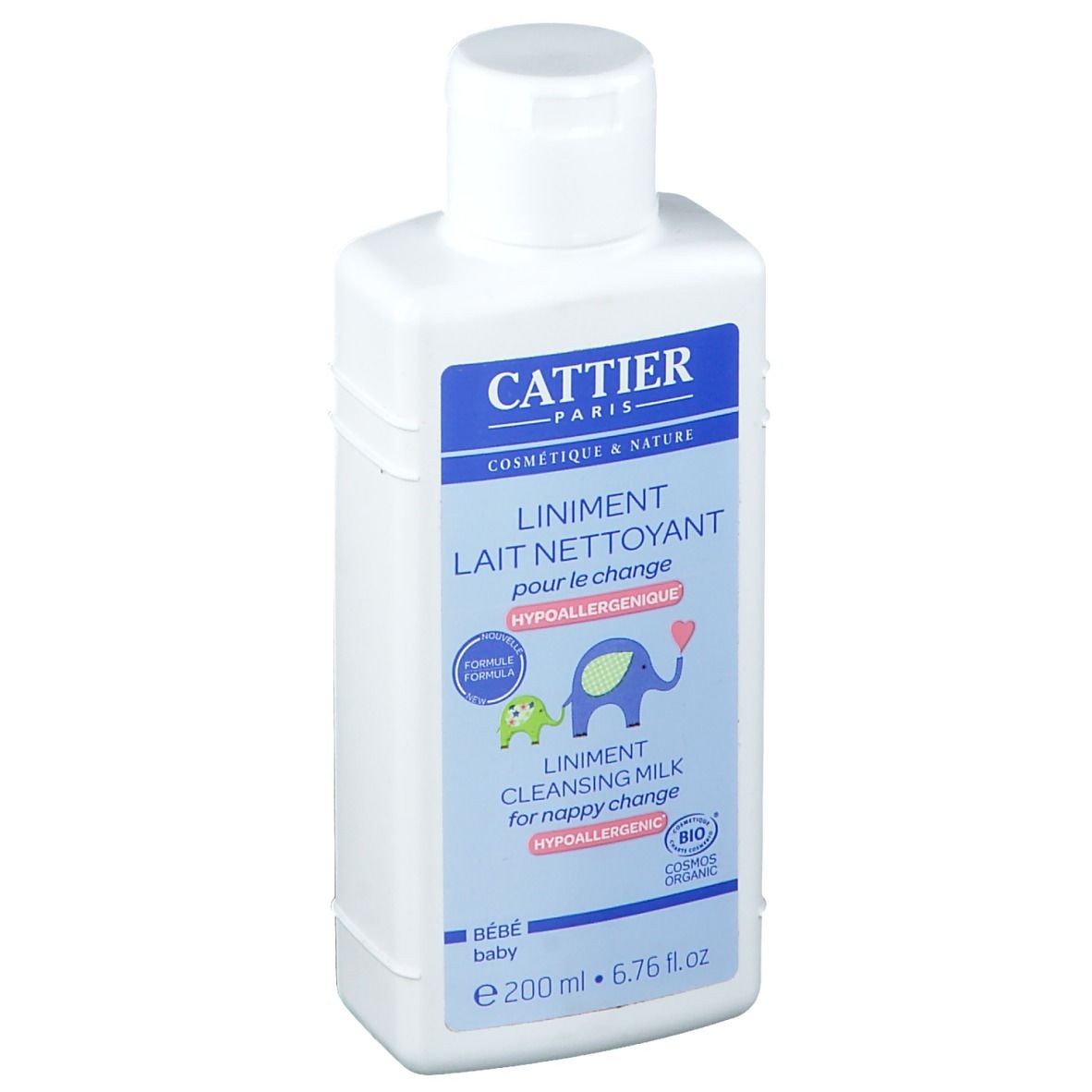 Witte fles Cattier Reinigingsmelk voor baby's, 200 ml. Hypoallergeen.