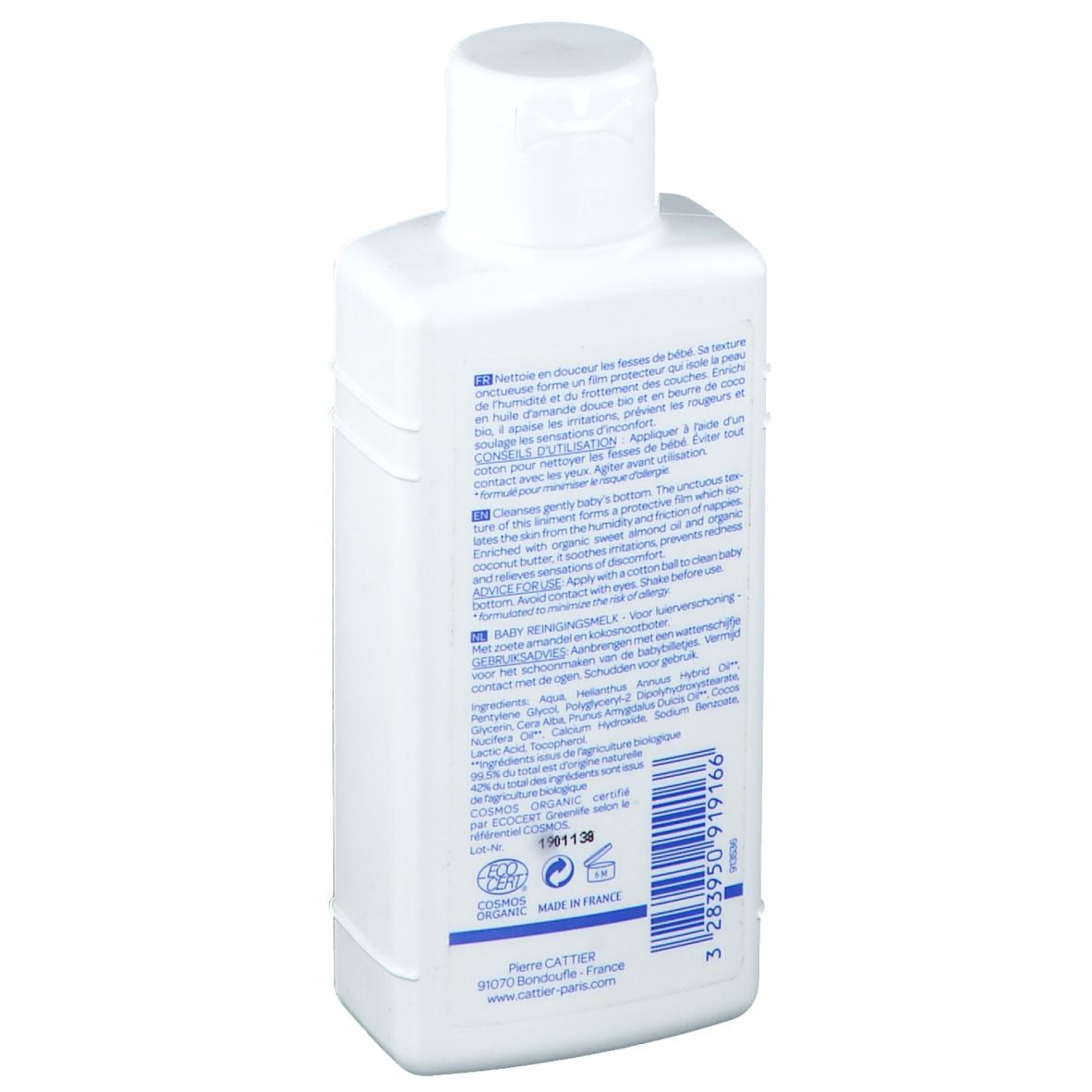 Witte fles met klapdeksel, Baby reinigingsmelk. Bevat biologische katoenzaadolie en biologische abrikozenpitolie.