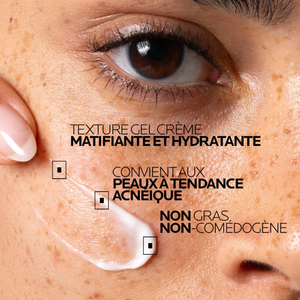La Roche Posay Effaclar Duo+ UV SPF 30 sur peau à imperfections. Texture gel-crème, non grasse.