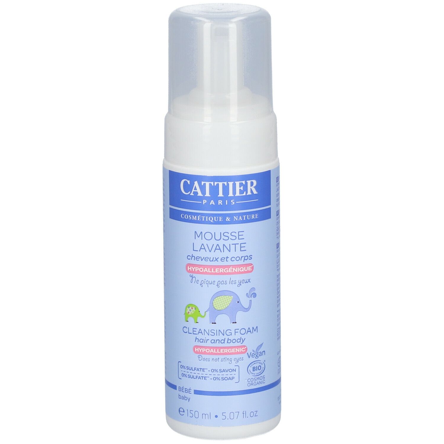 Flacon blanc et bleu avec pompe. Inscription CATTIER PARIS, Mousse Lavante, Cleansing Foam. Illustrations d'animaux.