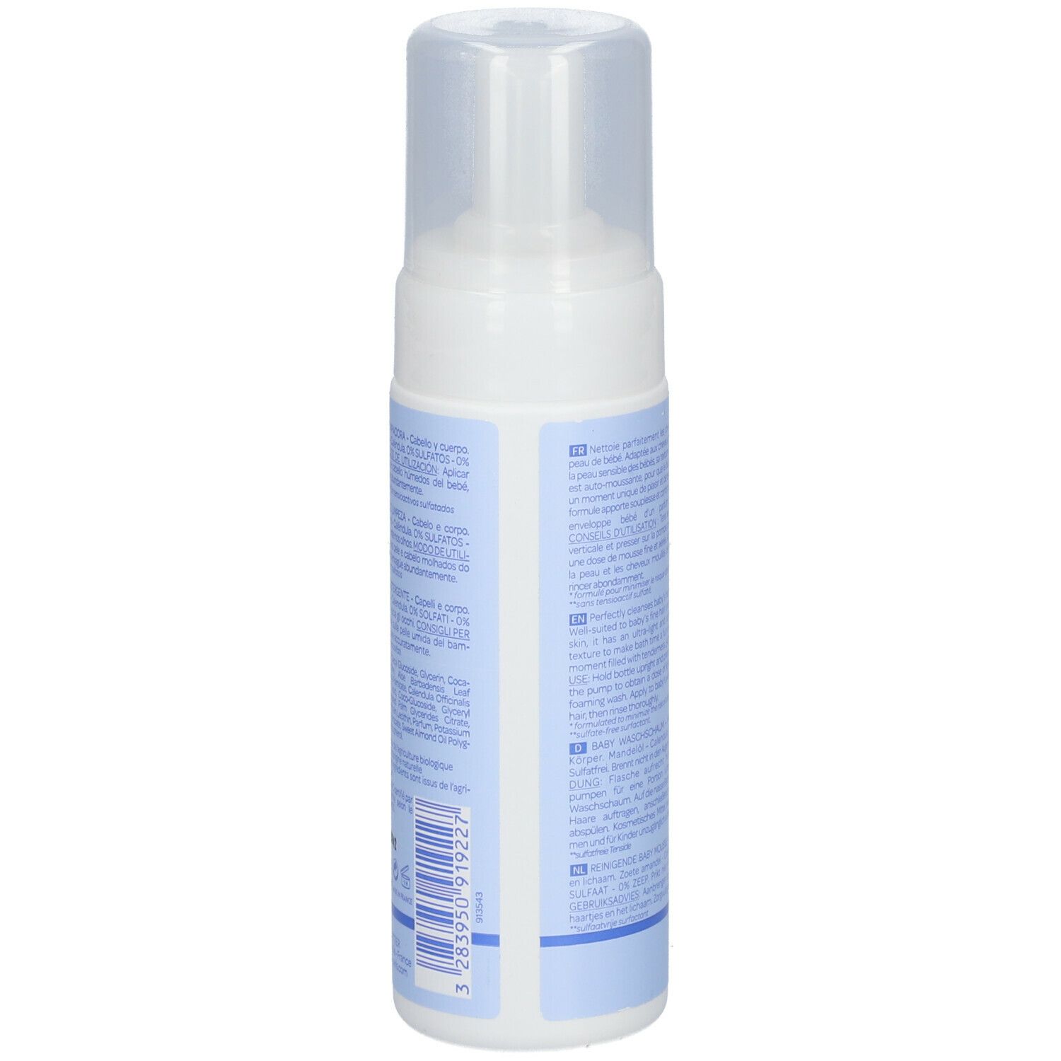 Dos d'un flacon blanc avec pompe. Texte en plusieurs langues. Code-barres et informations sur le produit.