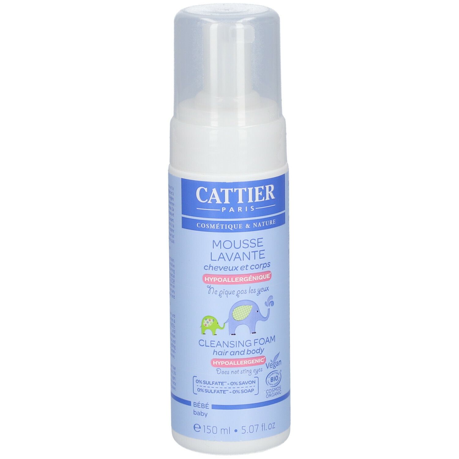 Flacon blanc et bleu avec pompe. Inscription CATTIER PARIS, Mousse Lavante, Cleansing Foam. Illustrations d'animaux.