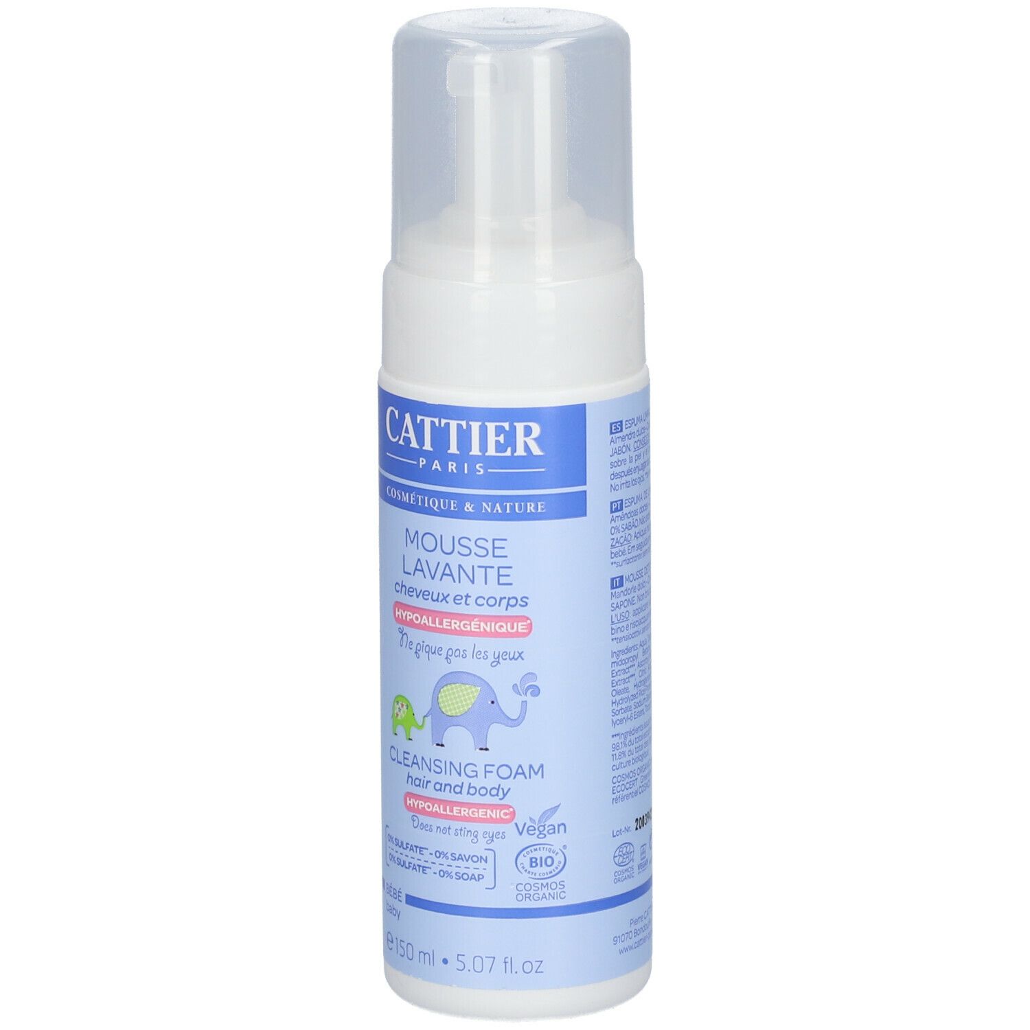 Flacon blanc et bleu avec pompe. Inscription CATTIER PARIS, Mousse Lavante, Cleansing Foam. Illustrations d'animaux.