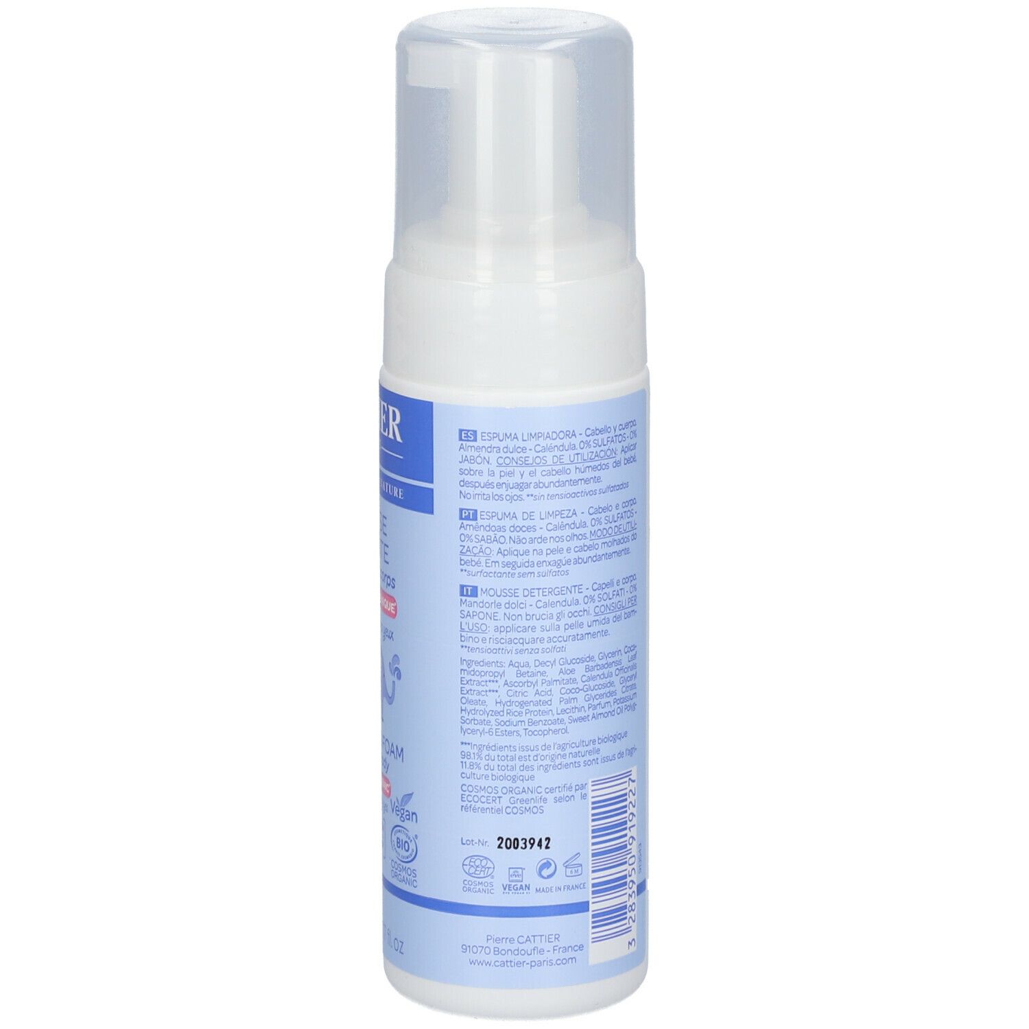 Dos d'un flacon blanc avec pompe. Texte en plusieurs langues. Code-barres et informations sur le produit.