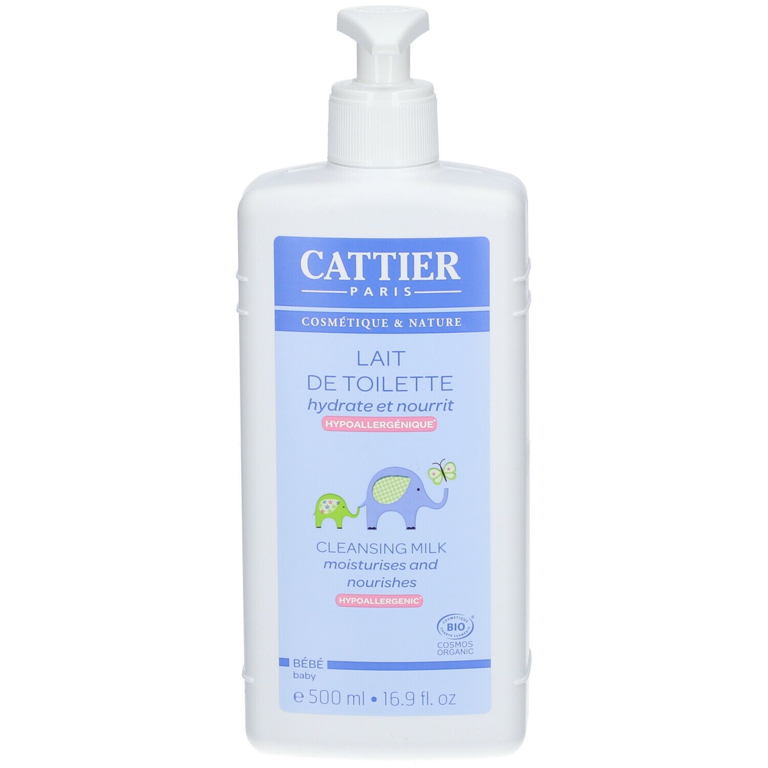 Witte fles met pomp. Opschrift: Cattier Paris, Lait de Toilette, hydrateert en voedt. Met illustraties.