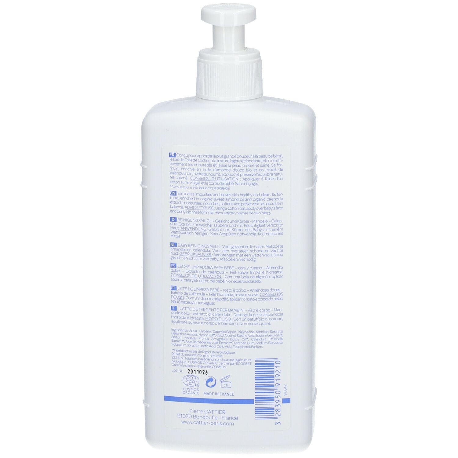 Achterkant van een witte fles met pomp. Tekst in meerdere talen. Geen productafbeelding.