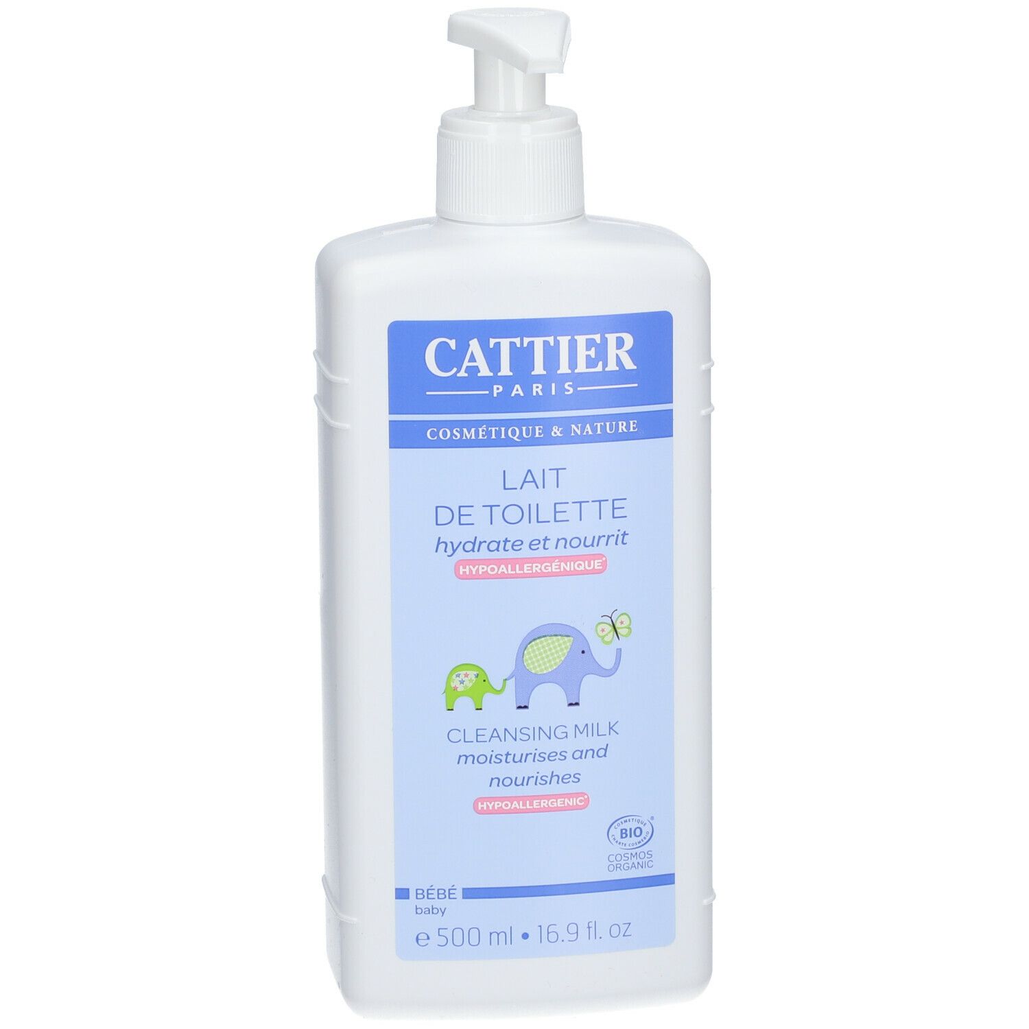 Witte fles met pomp. Opschrift: Cattier Paris, Lait de Toilette, hydrateert en voedt. Met illustraties.