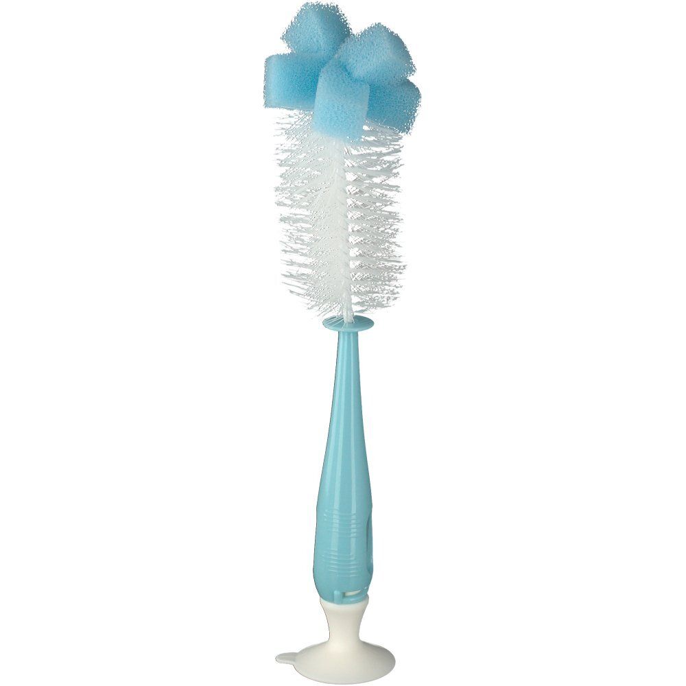 Blauw-witte flessenborstel met spons. Handvat met logo. Witte basis.