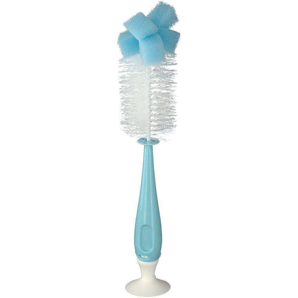 Blauw-witte flessenborstel met spons. Handvat met logo. Witte basis.