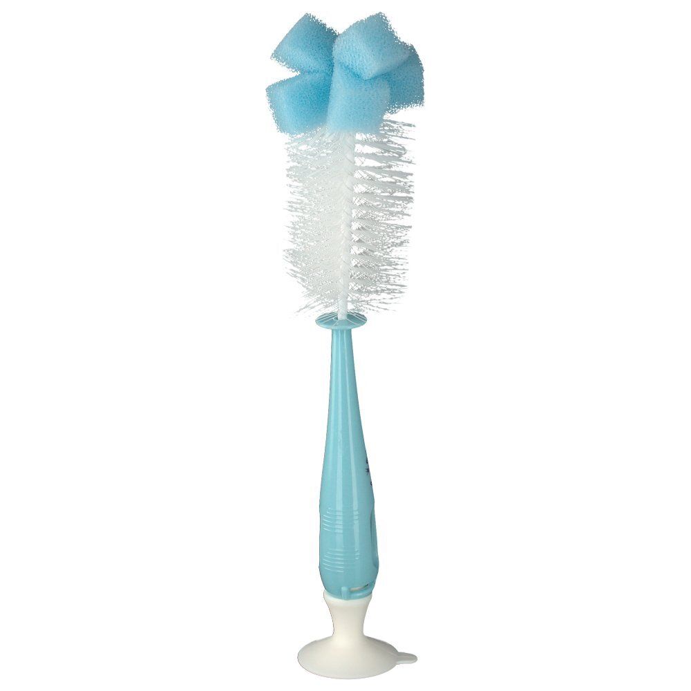 Blauw-witte flessenborstel met spons. Handvat met logo. Witte basis.
