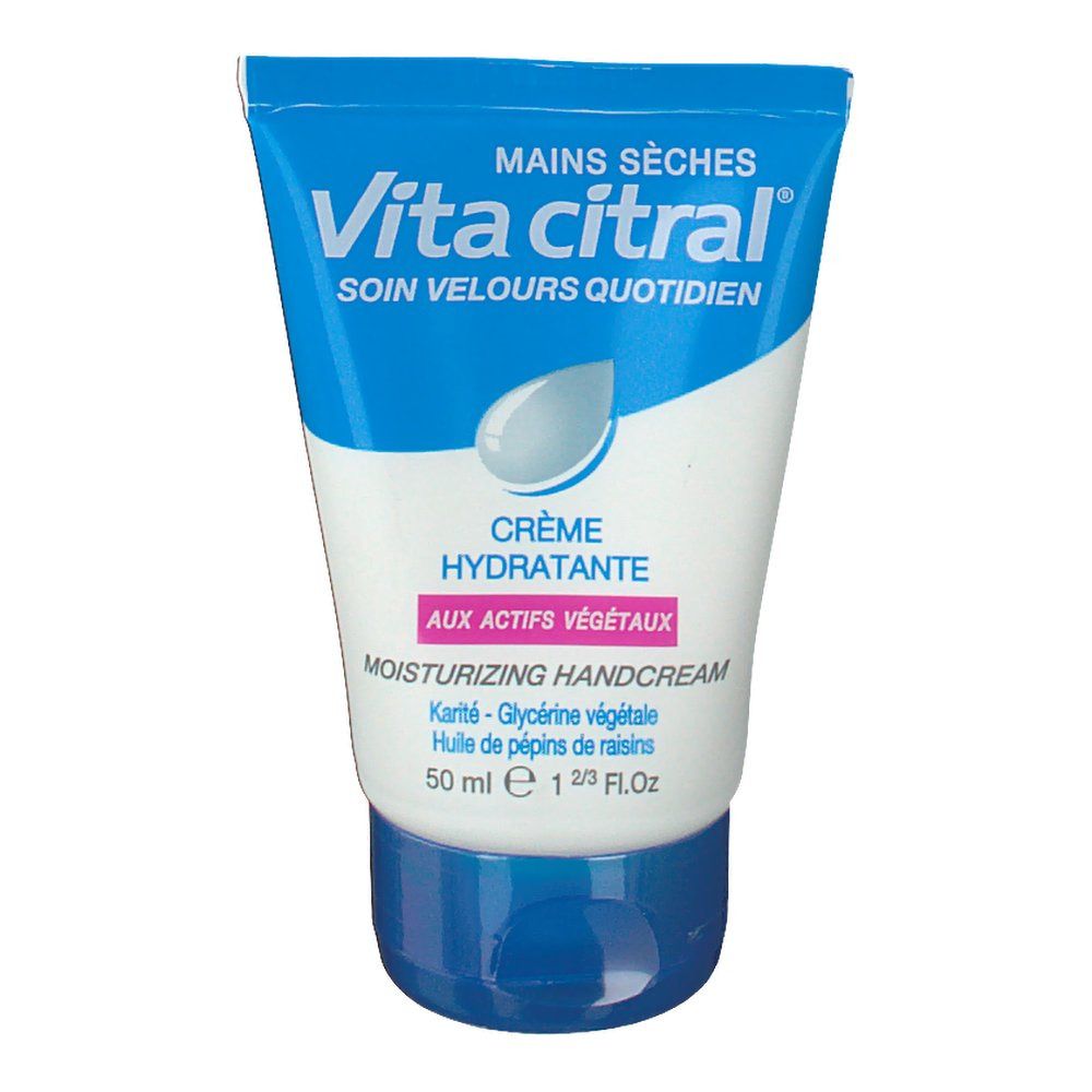 Blauw-witte tube. Opschrift: Vita citral, Crème hydratante. Bevat plantenextracten. 50 ml.